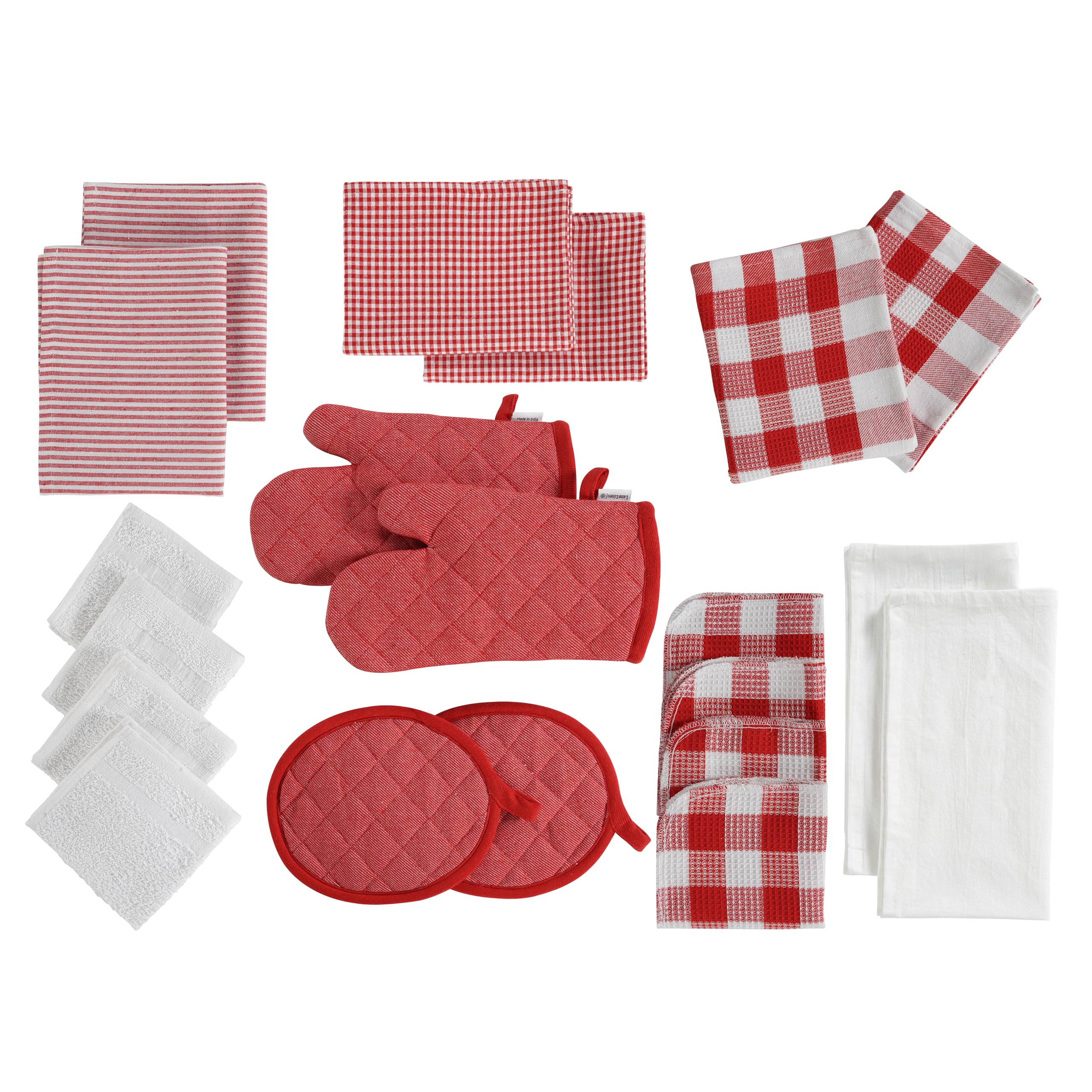 LANE LINEN Kitchen Towels Set - 6 Absorbent Hand Towels, 4 Dish Cloths, 4 Waffle Scrubbers, 2 Flour Sack Towels, 2 Potholders & 2 Oven Mitts - Red