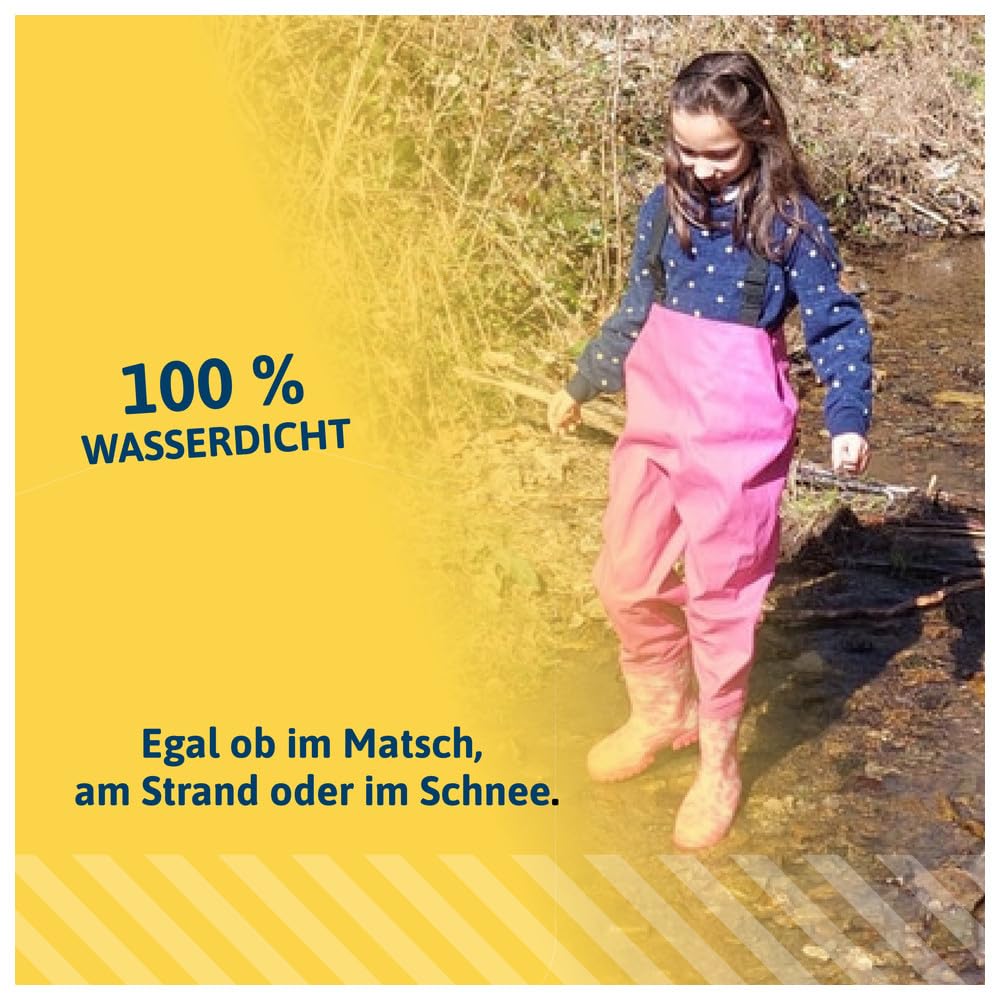 Dönges Kinder-Wathose, wasserdichte Regenhose für Jungs und Mädchen, ungefüttert mit Watstiefeln und Verstellbaren Hosenträgern, Größe 34/35 Rosa, Outdoor Buddelhose für Regen, Matschhose