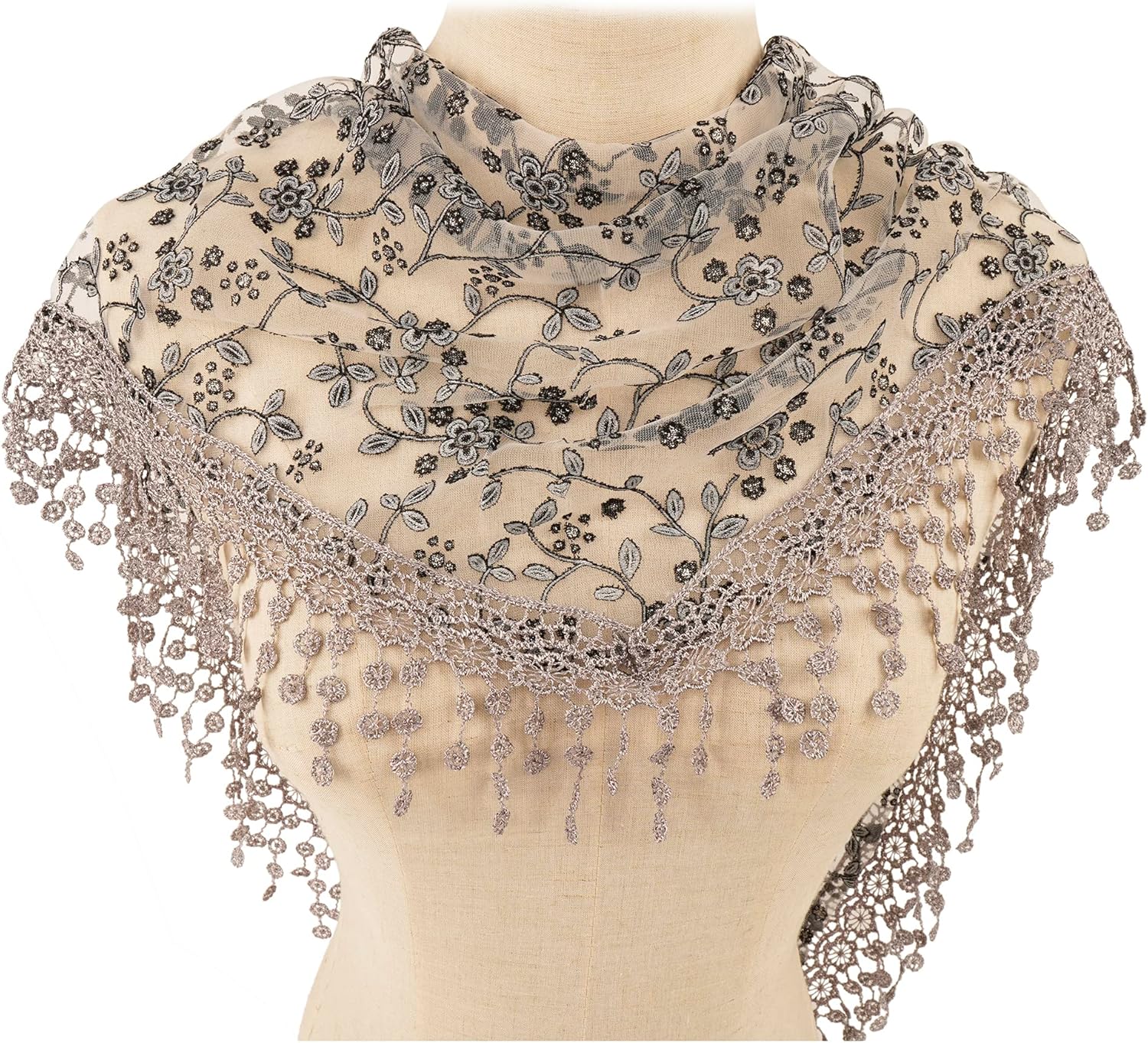 YOUR SMILE Lightweight Soft Leaf Lace Fringes Triangular Floral Fashion Towel Scarf Wrap for Women - Image 2