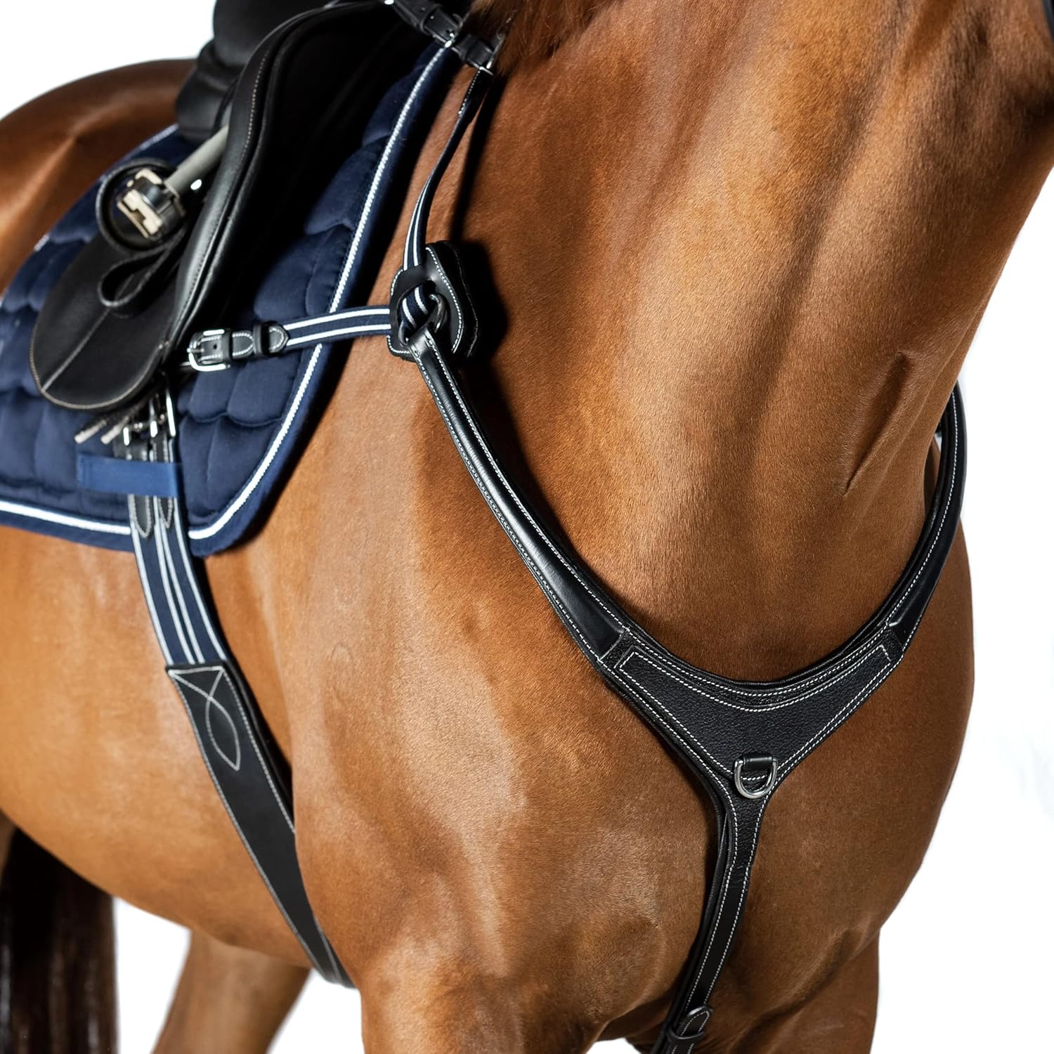 Precision Jump 5 Point Breastplate Black with Blue and White Elastic Horse