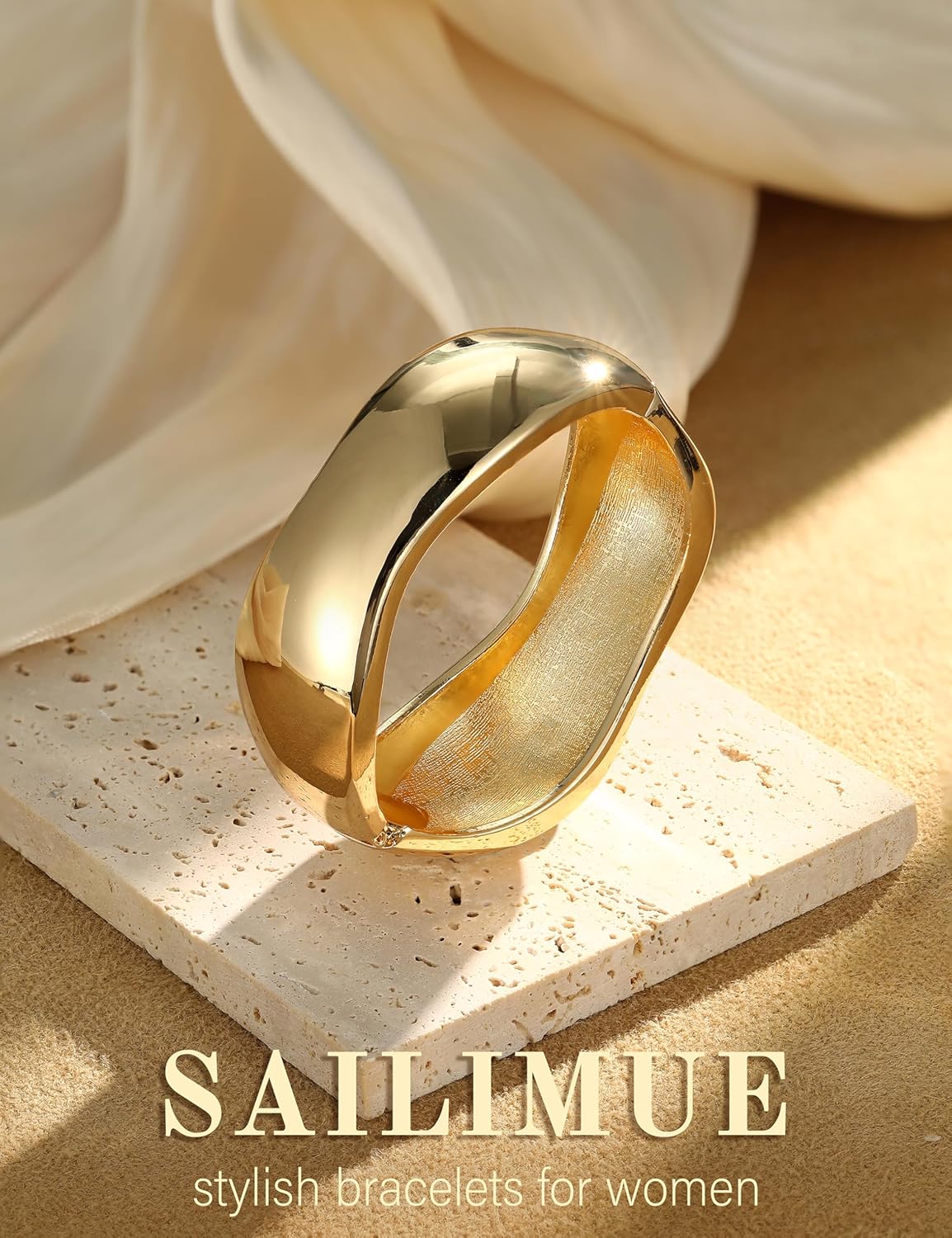 sailimue Chunky Gold Bangles Bracelets for Women - Non Tarnish 16K Gold Plated Cuff Bracelets Stack Hinged Open Bangle Trendy Jewelry Gifts - Image 3