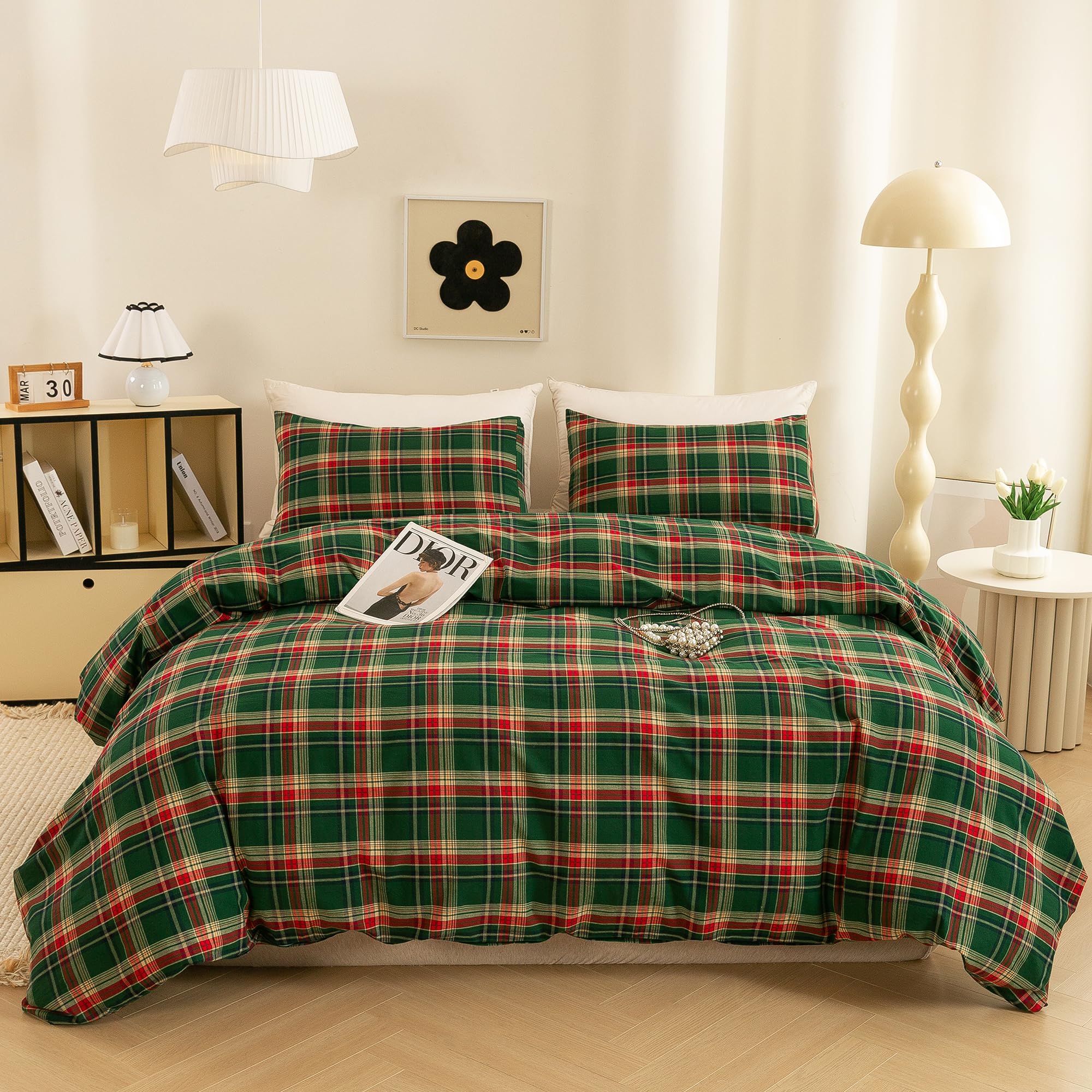 ECOCOTT Buffalo Plaid Duvet Cover King Size– 3 Piece Green Checkered Bedding Set, 100% Washed Cotton, Soft Breathable Reversible Design with Zipper Closure &amp; Corner Ties