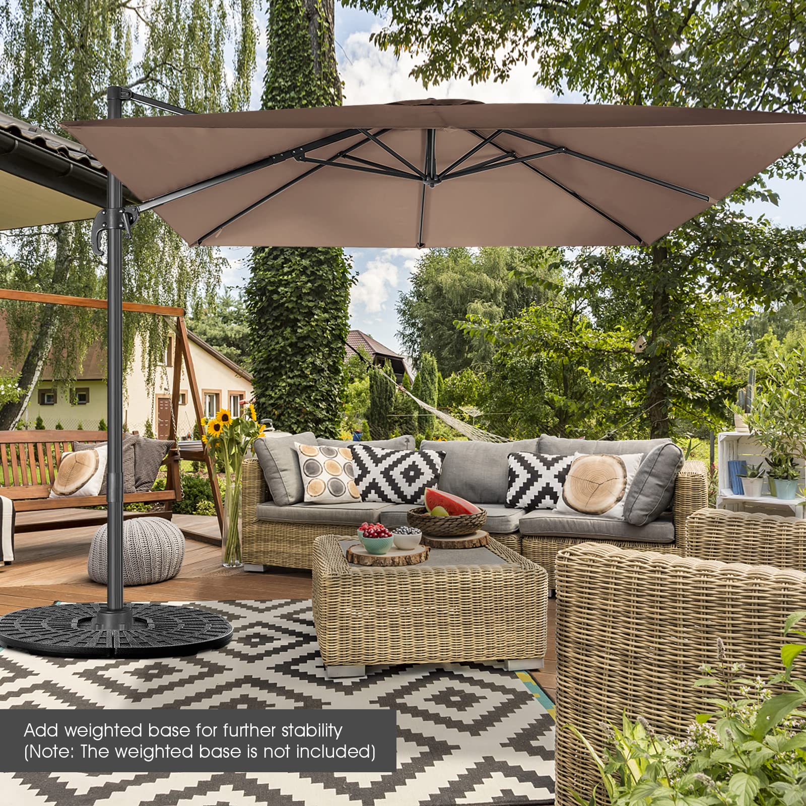 KOMFOTTEU Ombrellone da giardino, 300 cm, pieghevole e regolabile in altezza, da balcone, rettangolare, da spiaggia con base a croce, ombrellone stabile e di alta qualità, marrone, 300 x 300 cm
