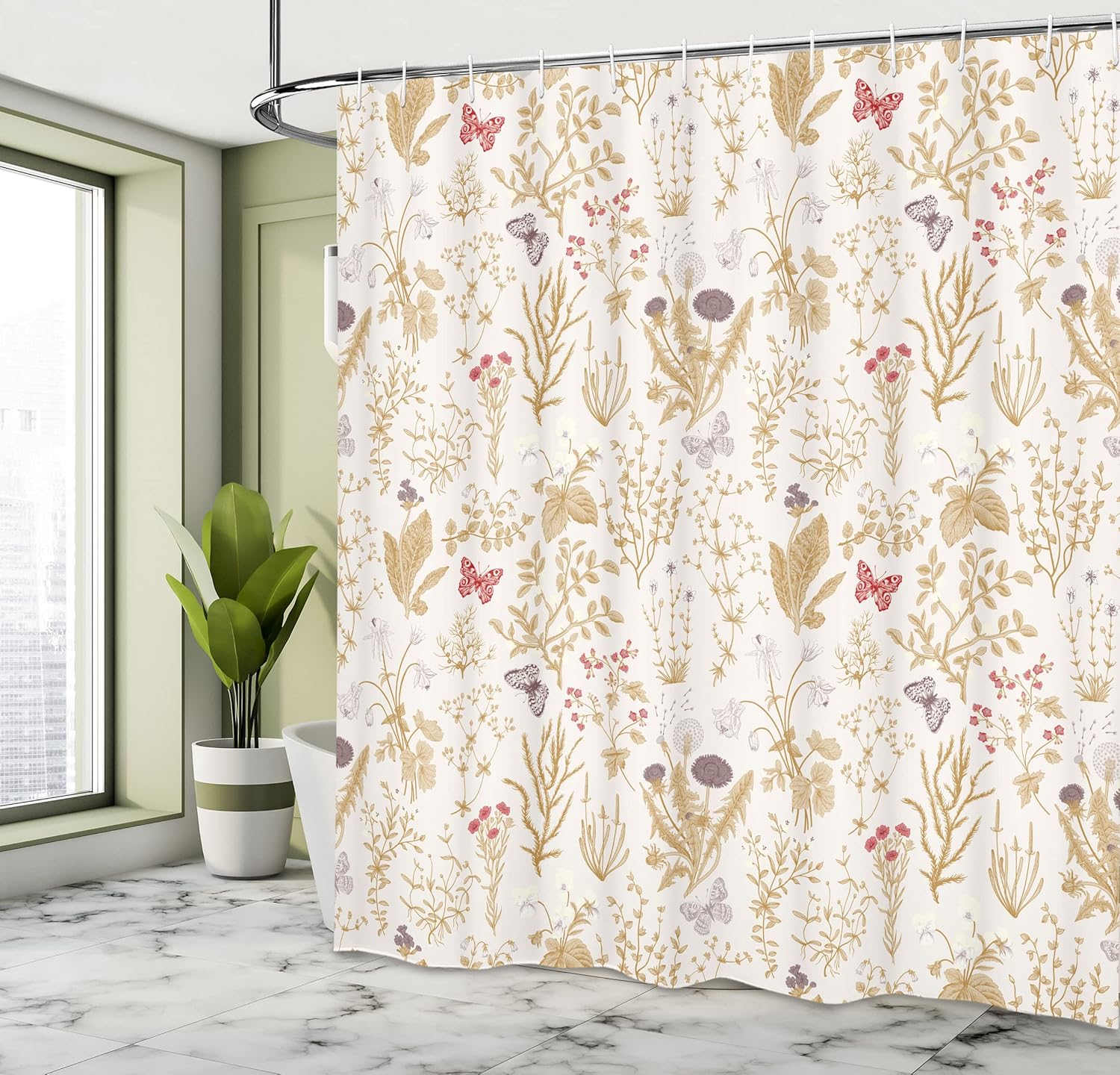 Ambesonne Floral Shower Curtain, Vintage Garden Plants Herbs Flowers Botanical Classic Design Illustration, Cloth Fabric Bathroom Decor Set with Hooks, 69" W x 84" L, Almond Pearl