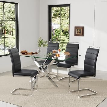 Baysitone 5 Pcs Glass Dining Table Set for 4, Modern Kitchen Table Set with 63" Rectangle Tempered Glass Top Dining Table & Faux Leather Dining Chairs for Dining Room, Black with Silver Metal Base