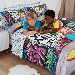 Viviland Full Bedding Set for Boys 7 Piece Bed in a Bag with Comforter, Sheets, Pillowcases Soft Microfiber Kids Comforter Set, Oeko Certified, Machine Washable, Street Graffiti Theme