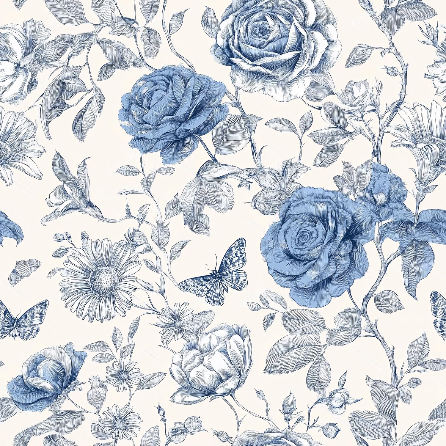 Peel and Stick Wallpaper - Blue & White Engraving Style Forest Landscape, Self-Adhesive Vinyl Removable Mural, Classic Vintage Wall Decor for Living Room & Bedroom, 17.7x118 Inch