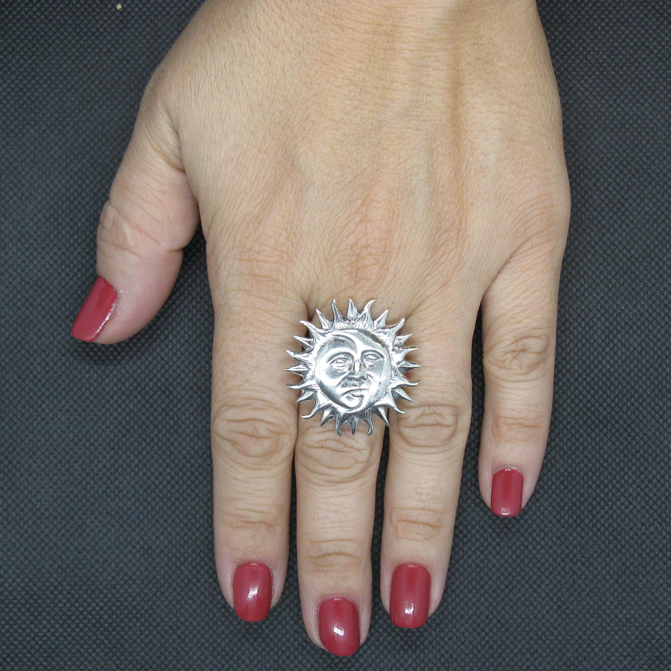 Anillo de Plata Esterlina Sol y Luna Sólido Marcado 925 Tamaño ajustable