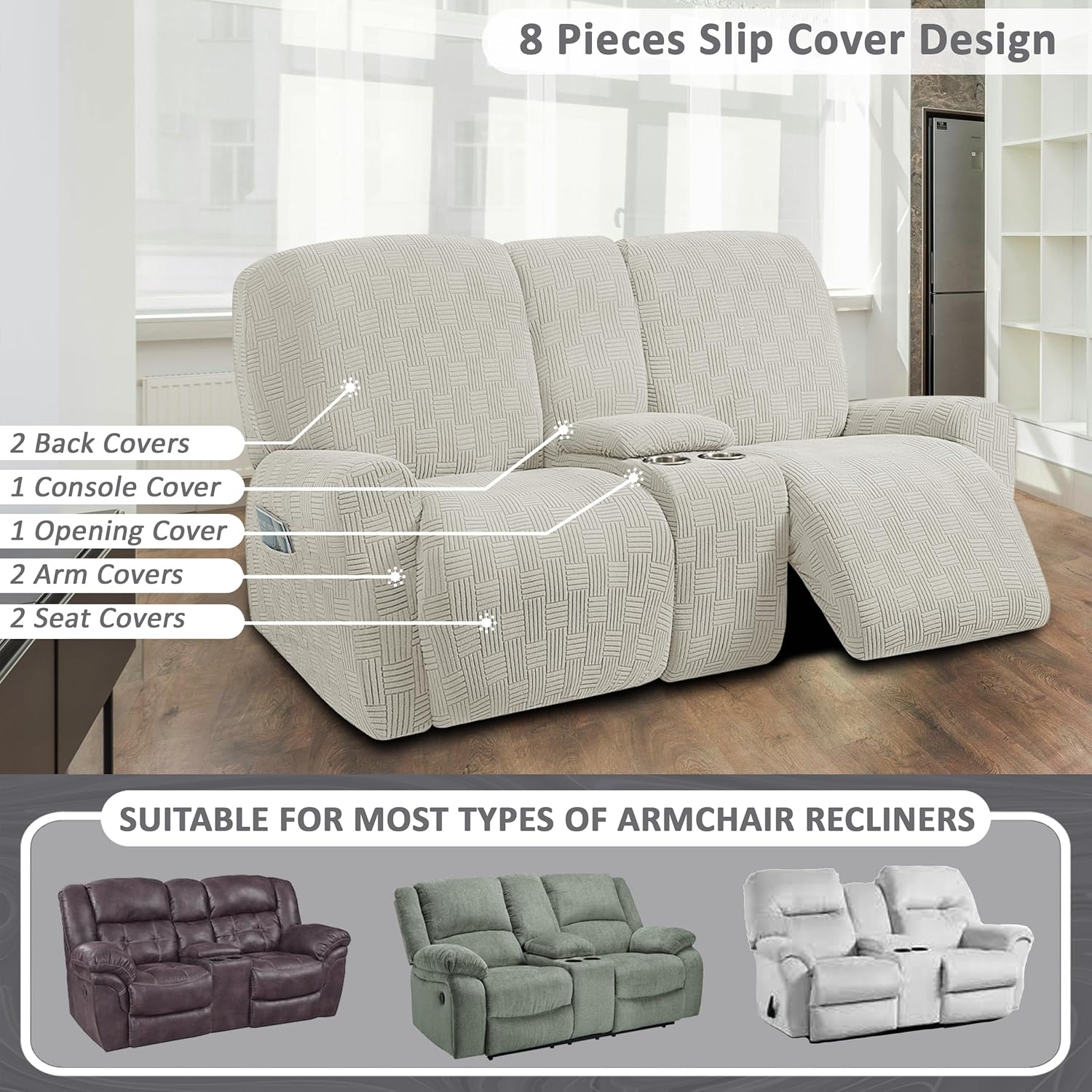 ULTICOR Jacquard Design Reclining Loveseat with Middle Console Slipcover, 8-Piece Stretch Sofa Covers, 2 seat Loveseat Recliner Cover, Washable (Style 4) (Ivory)