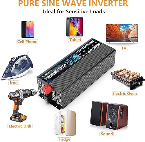 Miniatura 4 de Inversores de corriente de onda sinusoidal pura de 3000 W, 12 V CC a CA, 110 V, 120 V, potencia máxima de 6000 W, con control remoto, 4 salidas de