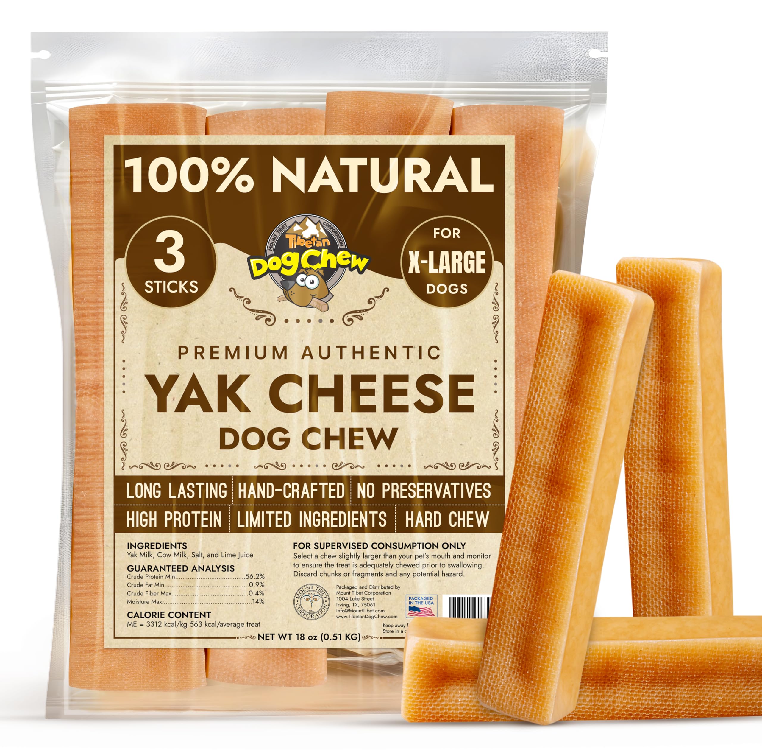 Tibetan Dog Chew Yak Cheese Sticks - Natural Treats for Extra Large Dogs, Long-Lasting, Easy Digest, Perfect for Aggressive Chewers, Grain and Gluten-Free, 3 Durable Chews