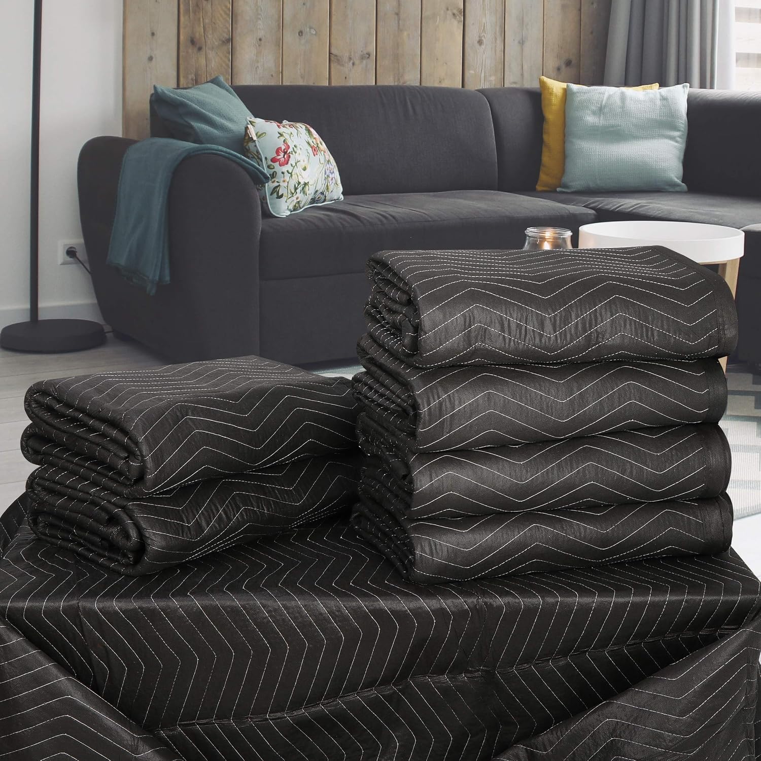 Moving Packing Blankets 12 Pack, Professional Quilted Shipping Furniture Pads Equipment, 80 x 72 Inches (65 lb/dz)