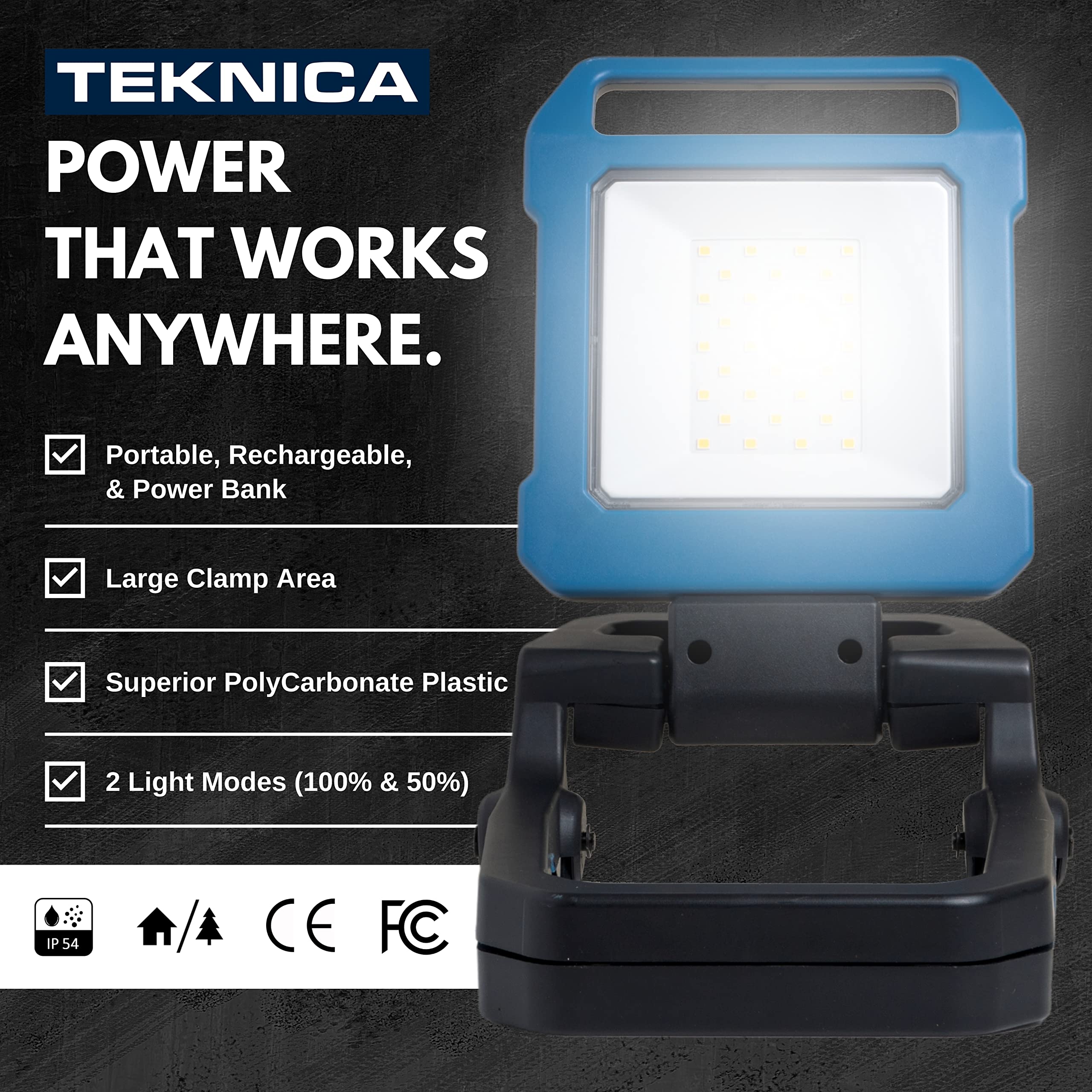 TEKNICA Rechargeable LED Work Light – Magnetic Base, 360° Rotation, IP54 Water Resistant, Portable Charger