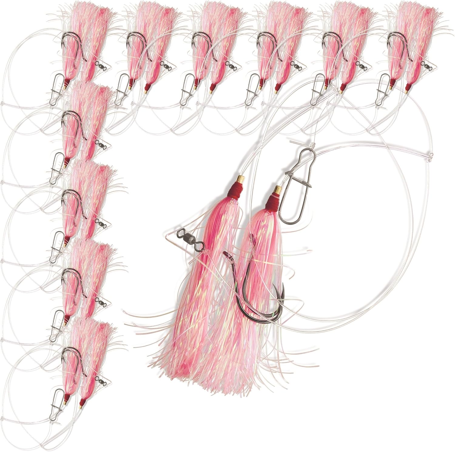 UMT 10 Pack Hi-Lo Rig Pink Mylar Teaser for Saltwater – BKK Black Size 2/0 Bait Hook - 30lb Heavy Duty Mono 2ft Long - Black Duo-Lock Snaps