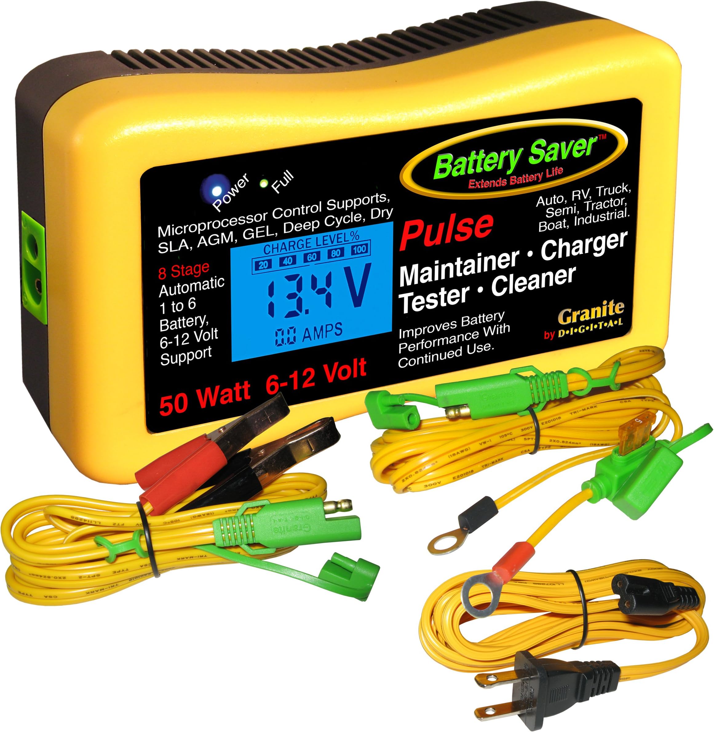 Battery Saver Premium 6 & 12 Volt 50W Pulse Charger, Maintainer & Tester (Gen. 3), Yellow, Black