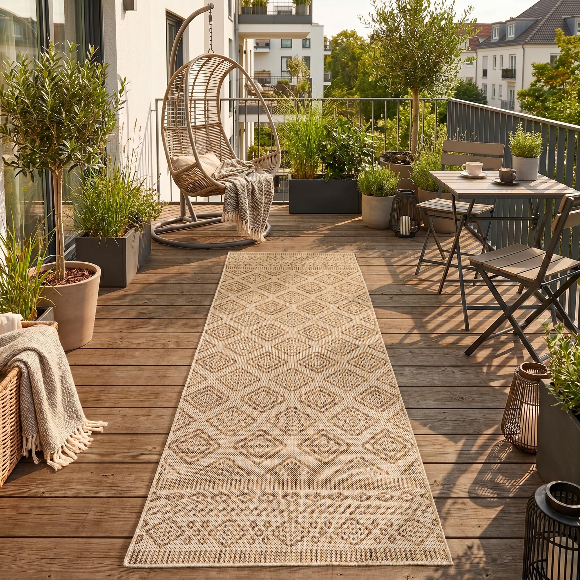 SIMPEX Outdoor Teppich Beige Balkon Terrasse Garten Wetterfest UV-beständig Teppich Einfarbig Flachgewebe Pflegeleicht Robust Modern