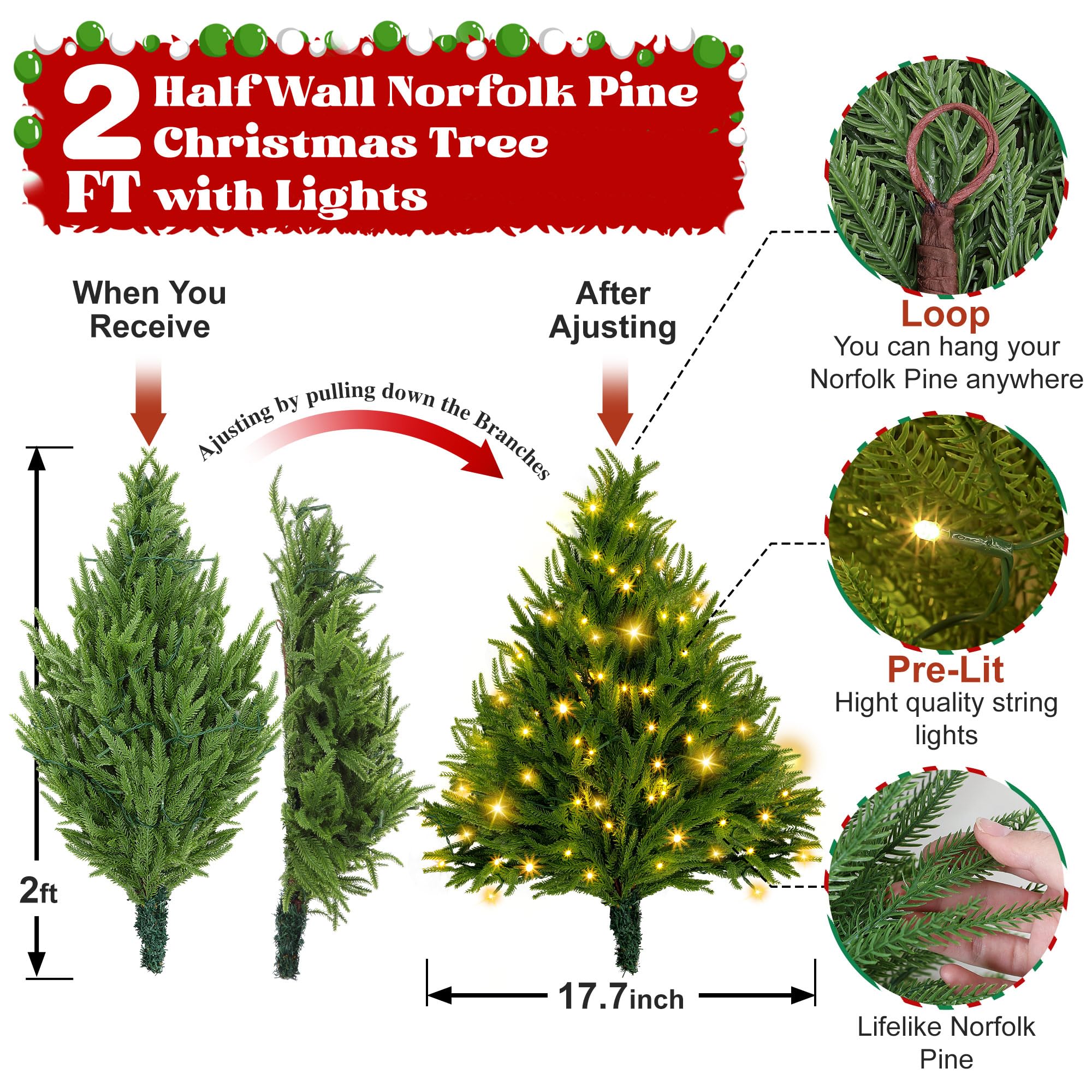 Sapin de Noël Artificiel pré-éclairé à Suspendre au Mur avec lumières LED, Sapin de Noël Plat pré-éclairé pour Appartement, propriétaire de Chat