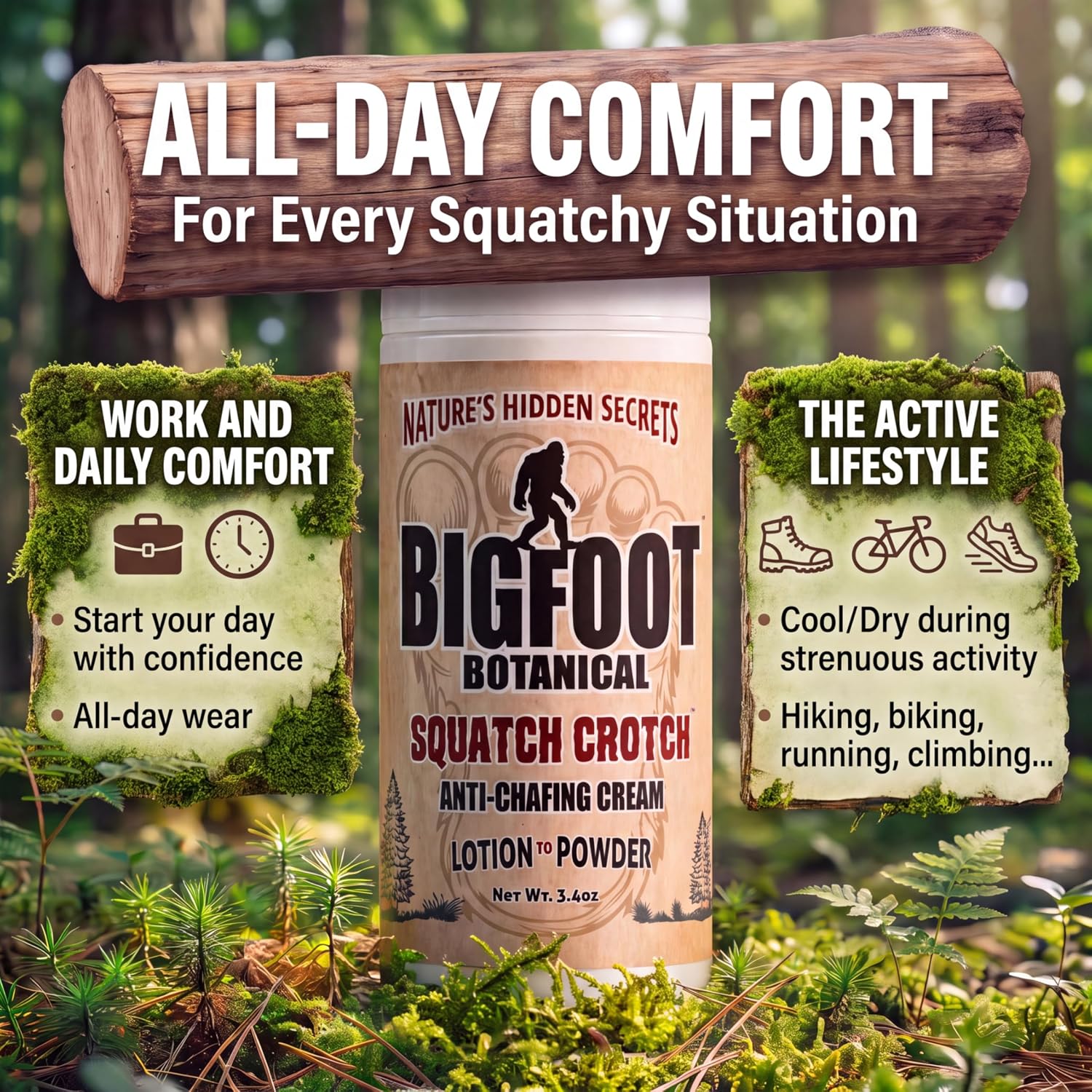 Squatch Crotch Anti Chafing Cream - Lotion to Powder Men & Women Fragrance Free - Thigh Rub Groin Irritation Ball Sweat Defense Odor Control - Aluminum & Talc Free Chafe Protection
