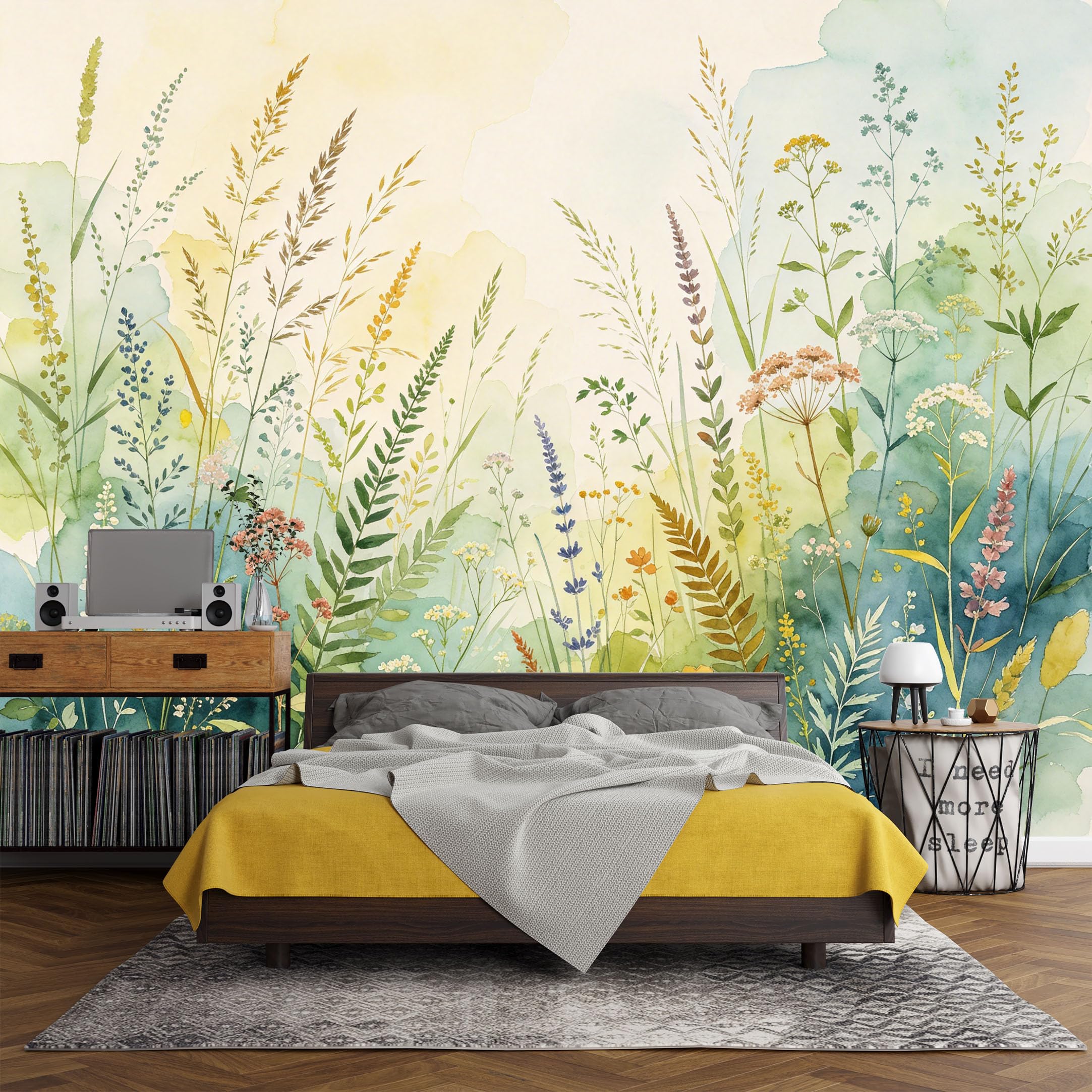 Custom Size Wall Mural， Botanical Watercolor Wildflower Meadow Greenery Garden，SelfAdhesive Art Prints wall Fabric (No PVC) Removable Wallpaper Living Room Decor