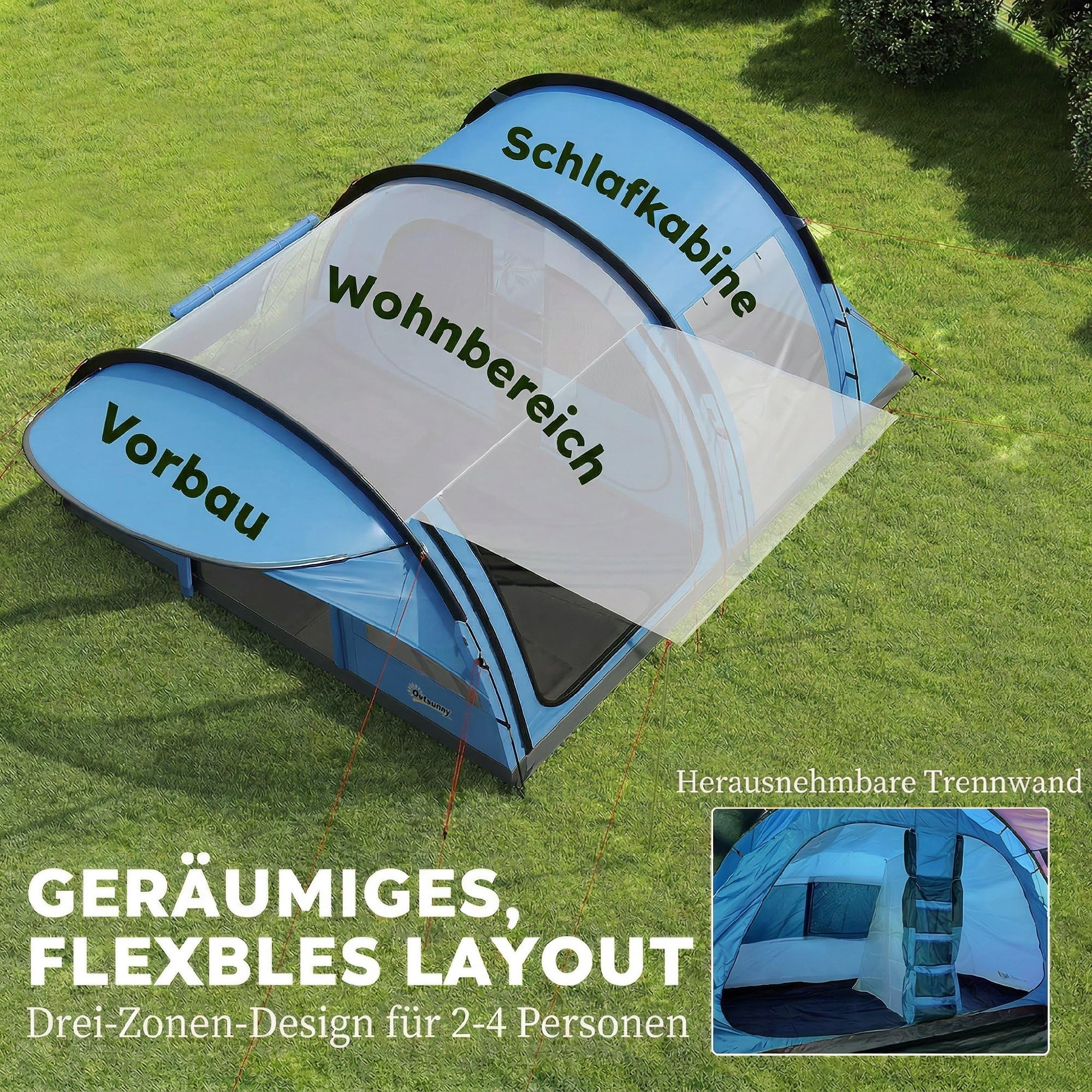Outsunny Tunnelzelt Schlafkabine 3000 mm Wassersäule Himmelblau+Grau | 4 Personen Familienzelt, Vorzelt, Abnehmbare Trennwand, Fenstern, Bodenplane, Stehhöhe, Wasserdicht, Tragetasche