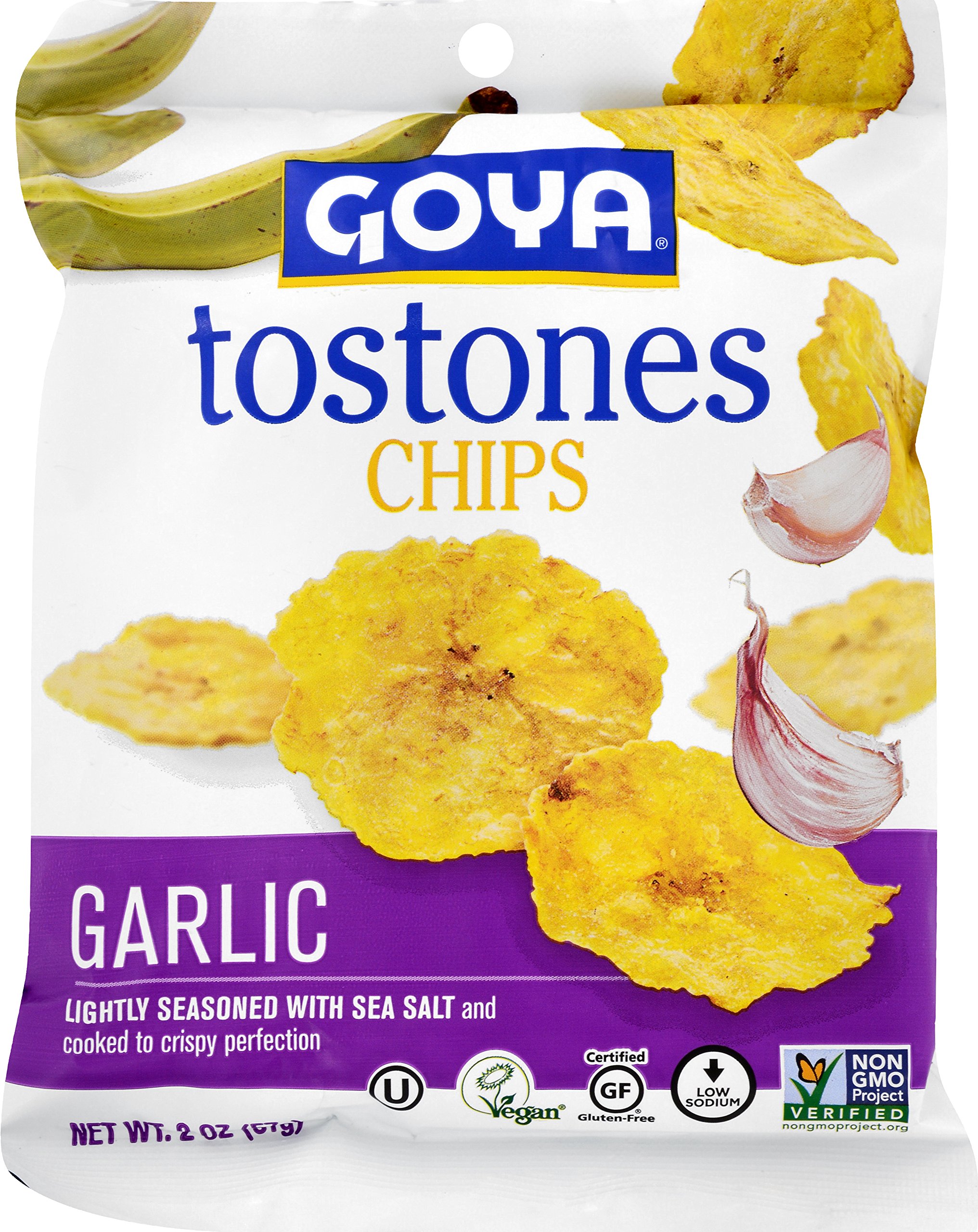 (BBD 11/18/25). Goya Tostones Plantain Chips, Garlic, 2 Ounce 20 Counts 