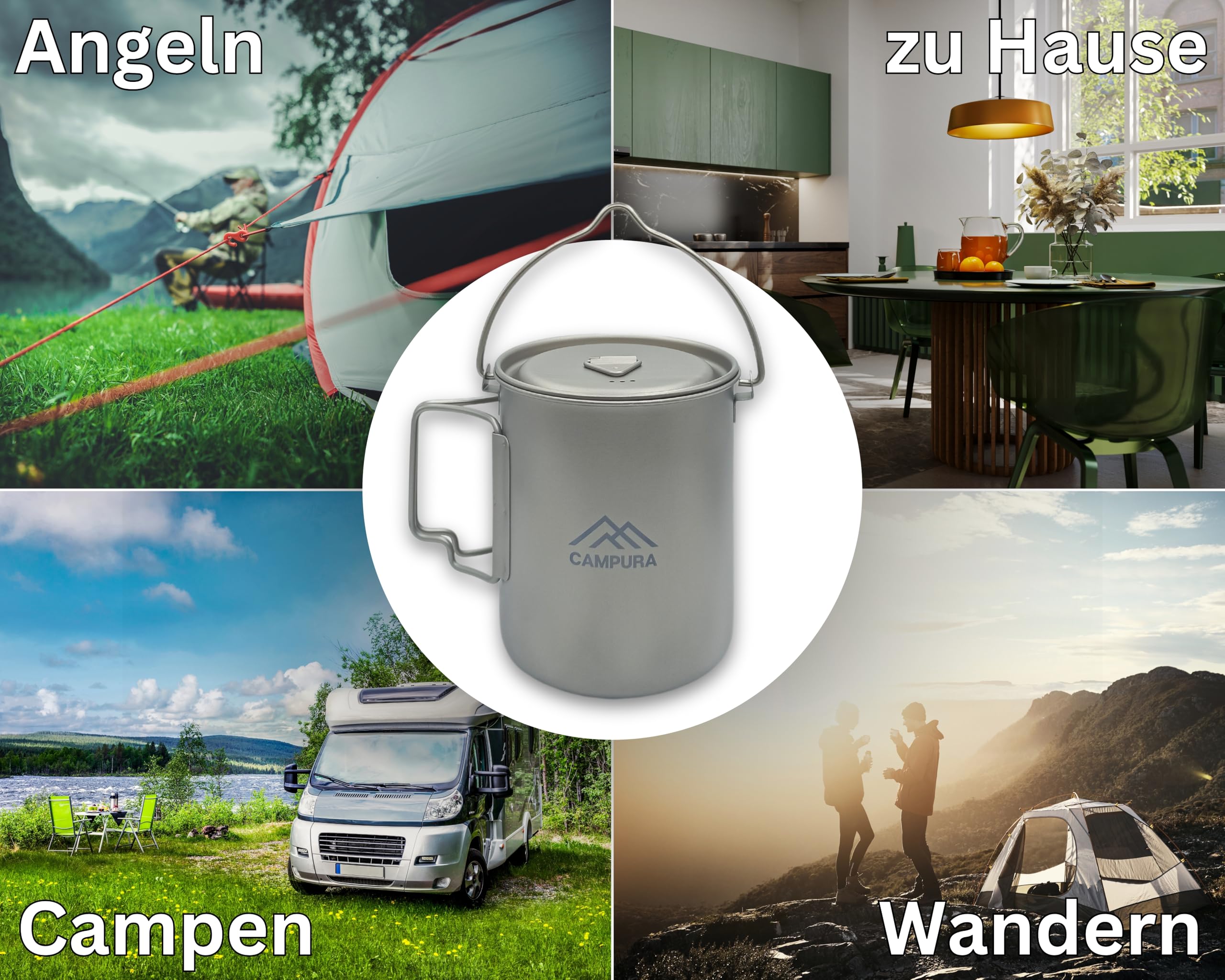Titan Topf Outdoor inkl. 5-in-1 Edelstahl Klappbesteck - Ultraleicht 146g für Trekking & Bushcraft - 750ml, faltbar - Camping Geschirr Titanium Survival Topf