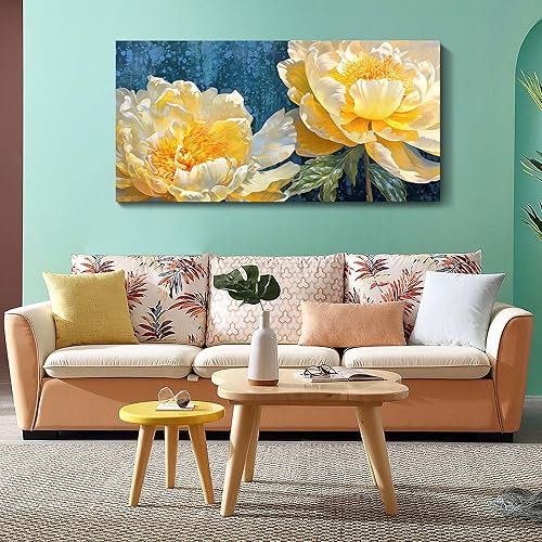 Miniatura 6 de AJAZIKO Arte de pared floral dorado grande para pared, decoración de pared azul para sala de estar, pinturas modernas para decoración de pared,