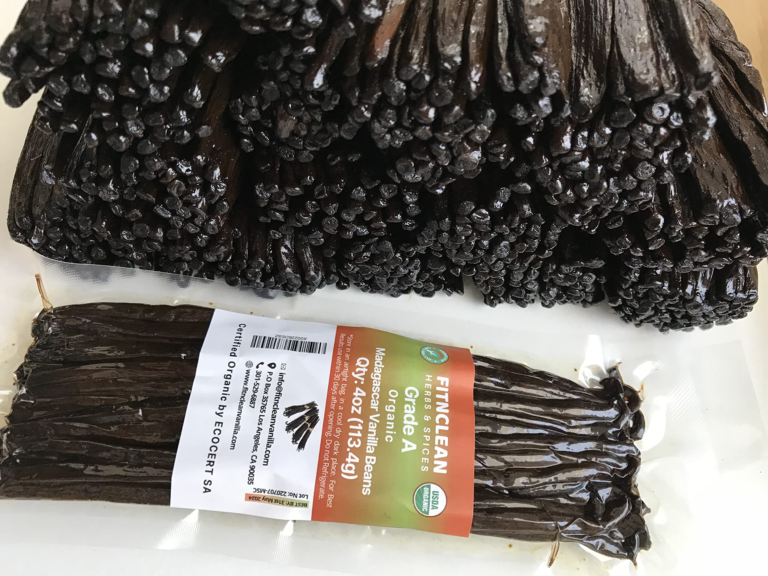4oz Organic Madagascar Vanilla Beans Grade A. Certified USDA Organic. 6"-8" by FITNCLEAN VANILLA. Bulk for Extract, Cooking and Baking by the Weight 0.25 Pound (1/4Lb) Bourbon Fresh NON-GMO Pods.USDA Organic