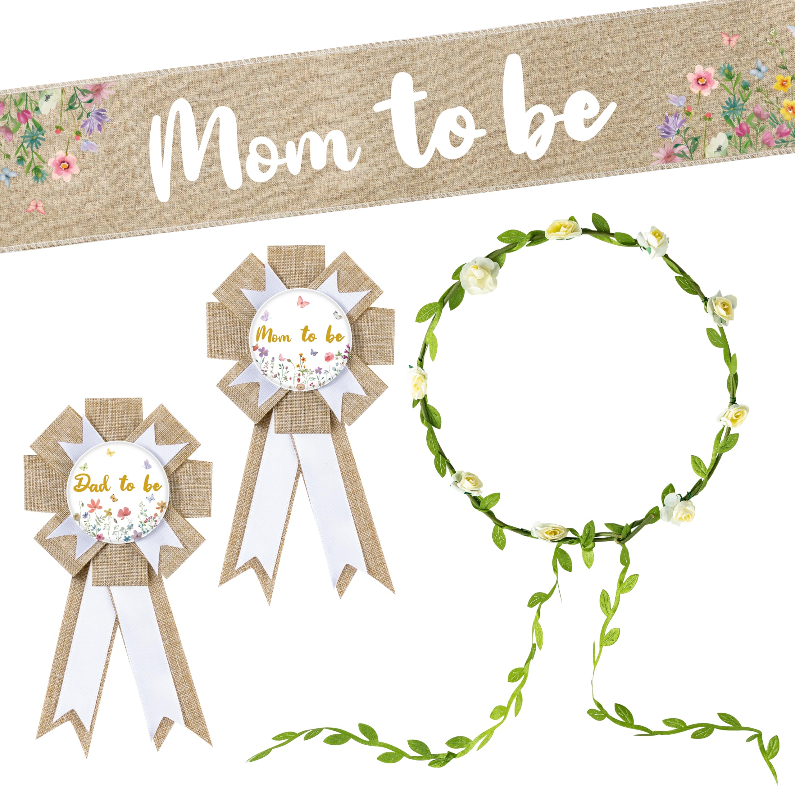 R HORSE 5Pcs Mom to Be Sash Dad to Be Pin, Wildflower Neutral Burlap Maternity Sash Corsage Pin and Flower Crown Headband, Gender Reveals Party Baby Shower Decorations Pregnancy Props Keepsake Gifts