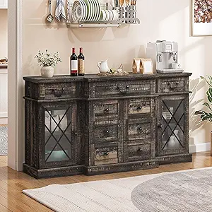 DWVO Farmhouse Sideboard Buffet Cabinet with Storage, 59" Storage Cabinet with 9 Drawers, TV Stands up to 65" for Living Room, Dinning Room, Vintage Brown