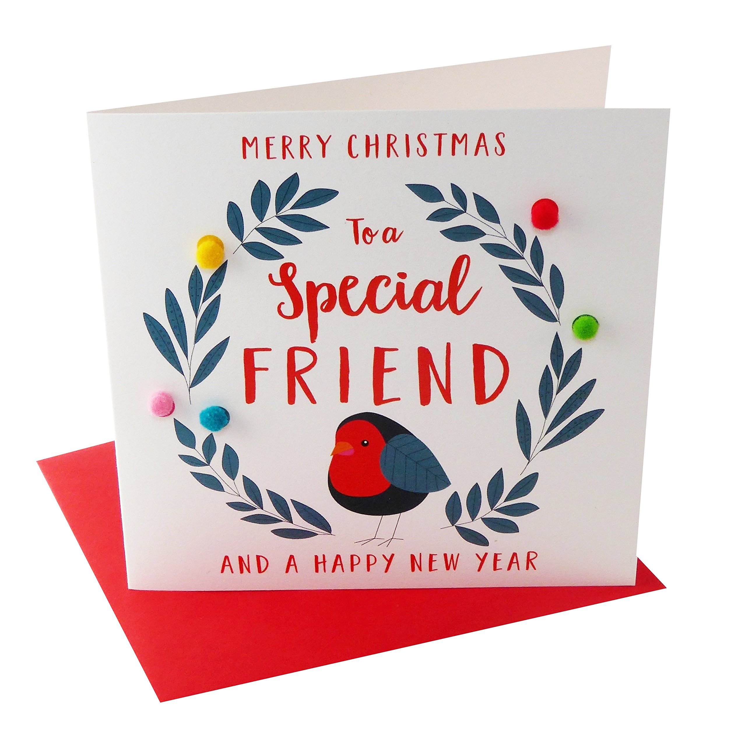 Claire Giles Greeting Cards, Happy Christmas Card, Special Friend, Robin Design Xmas Greeting Card, Embellished with Colourful Pompoms