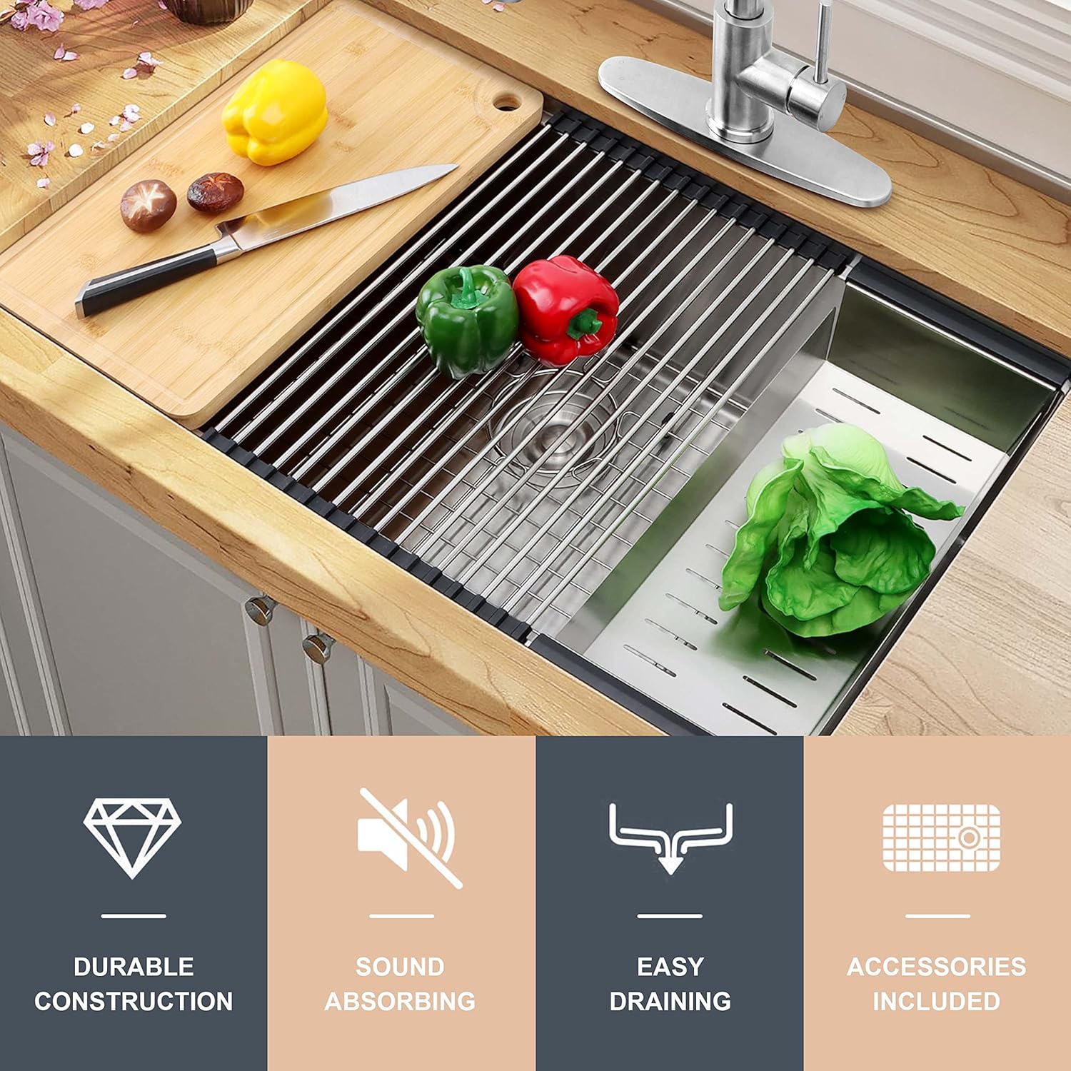 Herogo Kitchen Sink, 33 x 19 Inch Large Farmhouse Undermount Kitchen Sink, 18/10 Stainless Steel R10 Corner 10 Inch Deep Workstation Single Bowl with Accessories