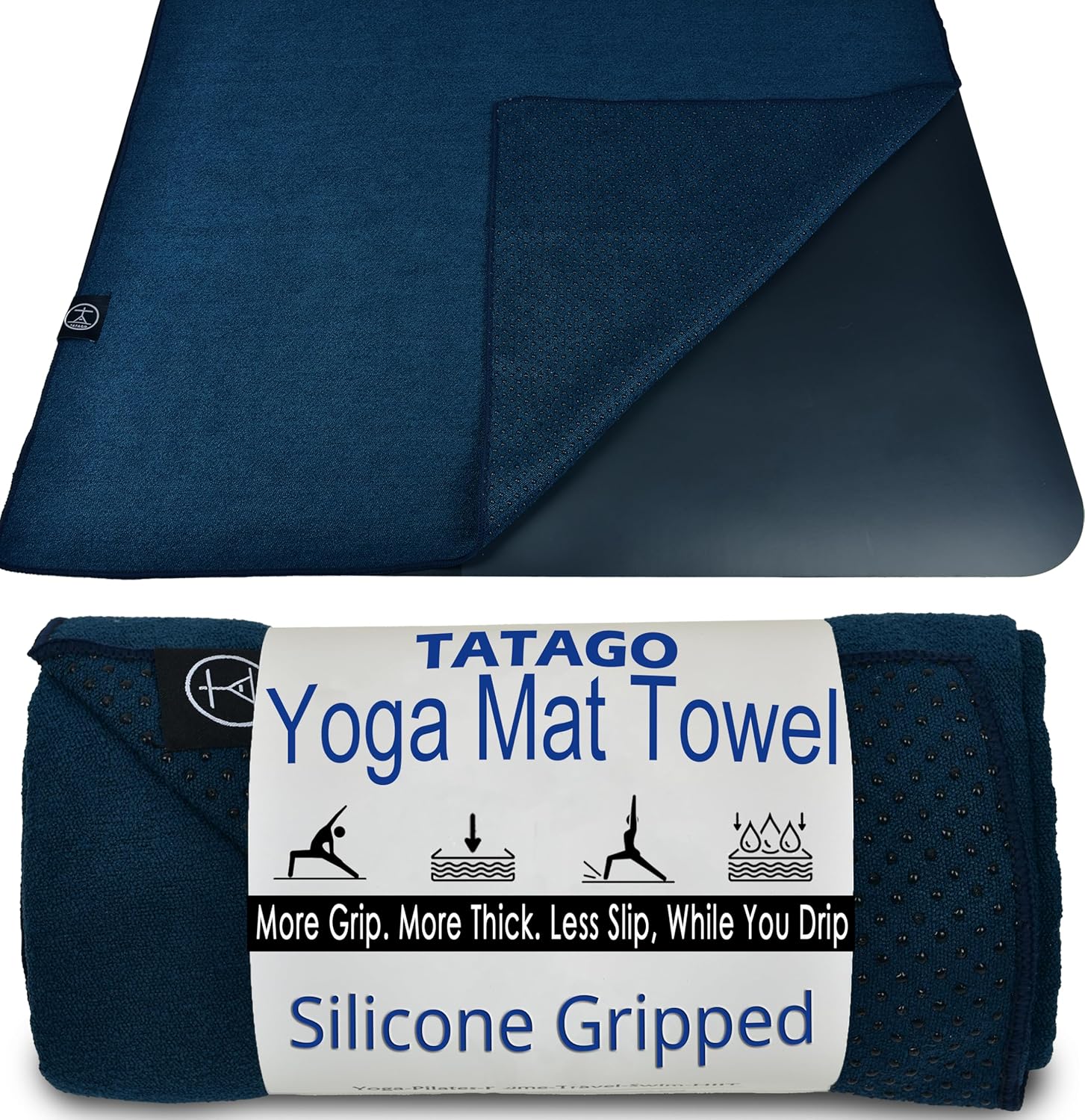 Tatago Hot Yoga Towel Non Slip Grip in 2 Sizes. Premium Yoga Towels for Hot Yoga Non Slip, Hot Pilates Mat Towel or Yoga Mat Towel Thicker, Softer, More Absorbant & Durable!
