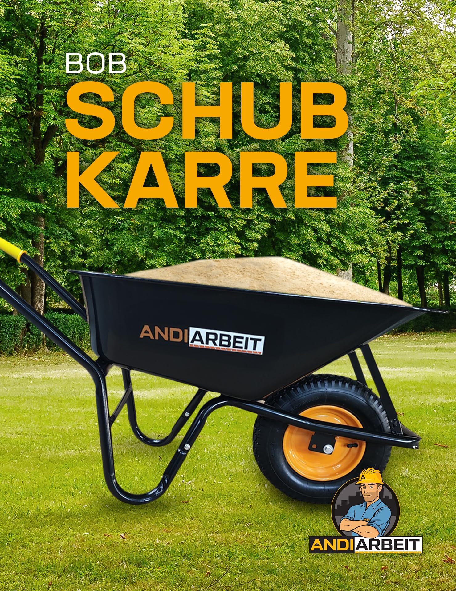Bob Schubkarre 100L – Robuste Blechwanne, Luftbereifung, 220kg Tragkraft, Ergonomische Griffe für optimalen Halt – Ideal für schwere Outdoorarbeiten (Schwarz)