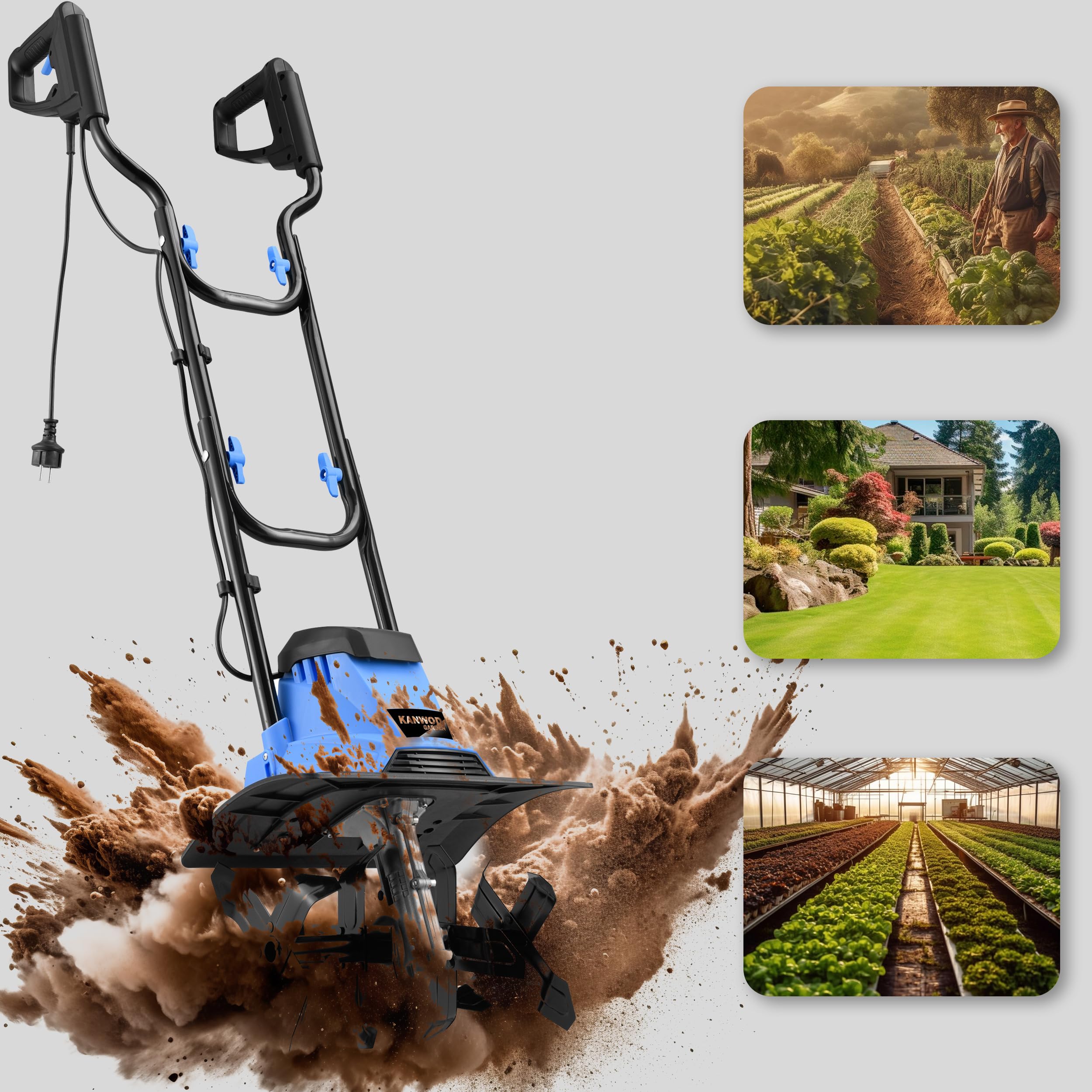 KANWOD Motobineuse Électrique, 1500 W, Largeur 36 cm & Profondeur 22 cm de Travail, Poignée Pliable, Lames Robustes à 4 Bras, pour Retourner et Aérer la Terre, Noir/Bleu
