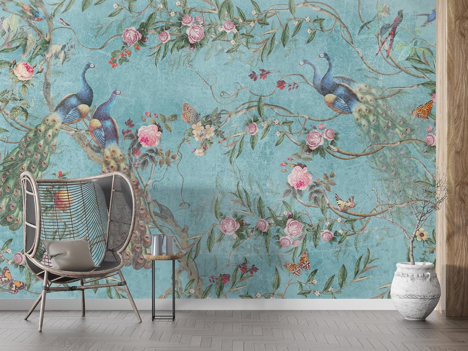 Chinoiserie Wallpaper Flowers Birds Cream Background - Removable Paper - Peel and Stick Wallpaper - 100" H x 150" W