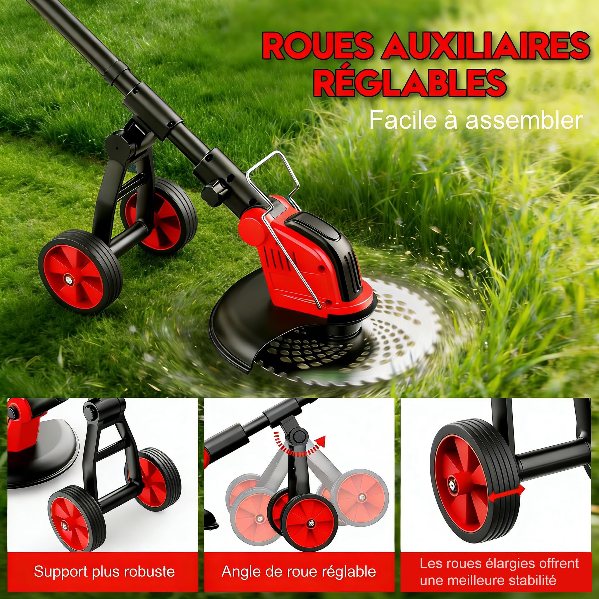 Lacoco 12 Pouces Débroussailleuse à Batterie Debroussailleuse Électrique sans Fil 850W avec 2 * 3.0Ah Batteries 4 Types de Lames Roues Réglable Coupe Bordure Coupe-Herbe à Gazon pour Pelouse Jardin