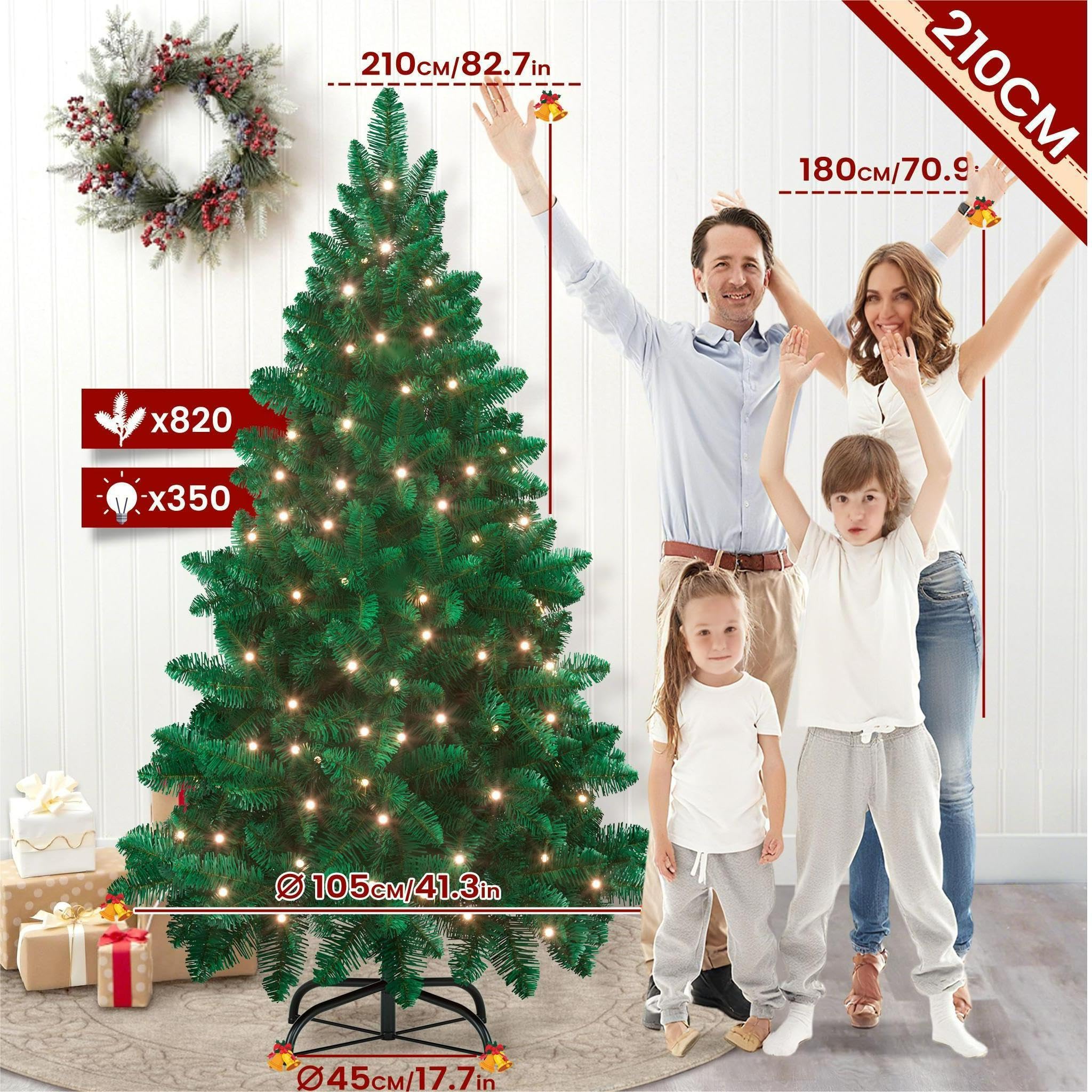 UISEBRT 210cm Sapin de Noël Artificiel Lumineux - Arbre de Noël avec LED, Support en Métal, Sapin Artificiel en PVC pour Décoration de Noël, Vert