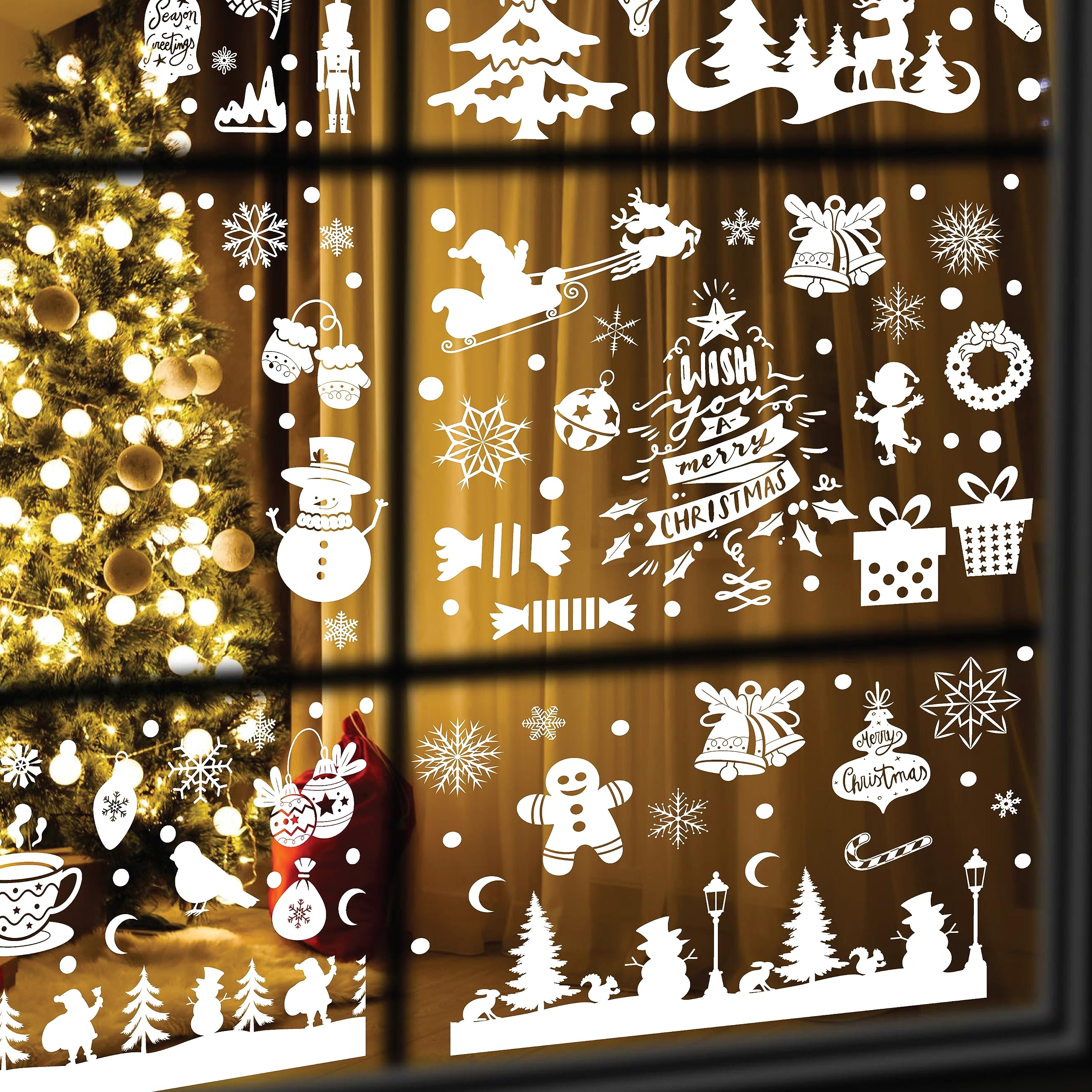WALPLUS Christmas Window Clings Xmas Decoration Sale Clearance Reusable Double-Sided Print Decals for Glass Living Room Windows Display White Christmas Merry Wonderland 163 Pieces