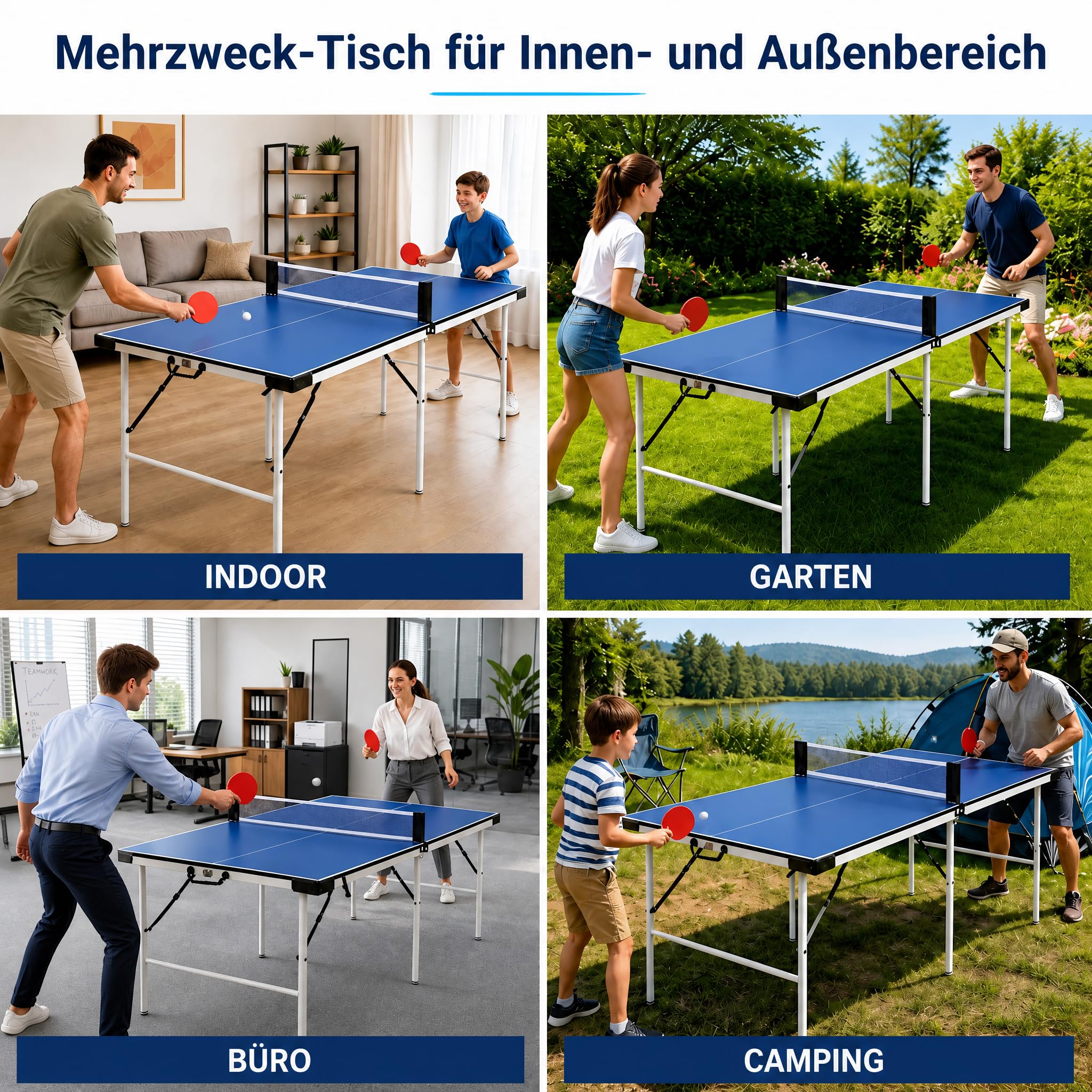 Tischtennisplatte 169cm Outdoor, Tischtennistisch Faltbar mit 6 Stützbeinen und Metallrahmen, Vormontierter Freizeitstisch Platte Stabil, Kompakte Sportplatte für Garten Terrasse Balkon