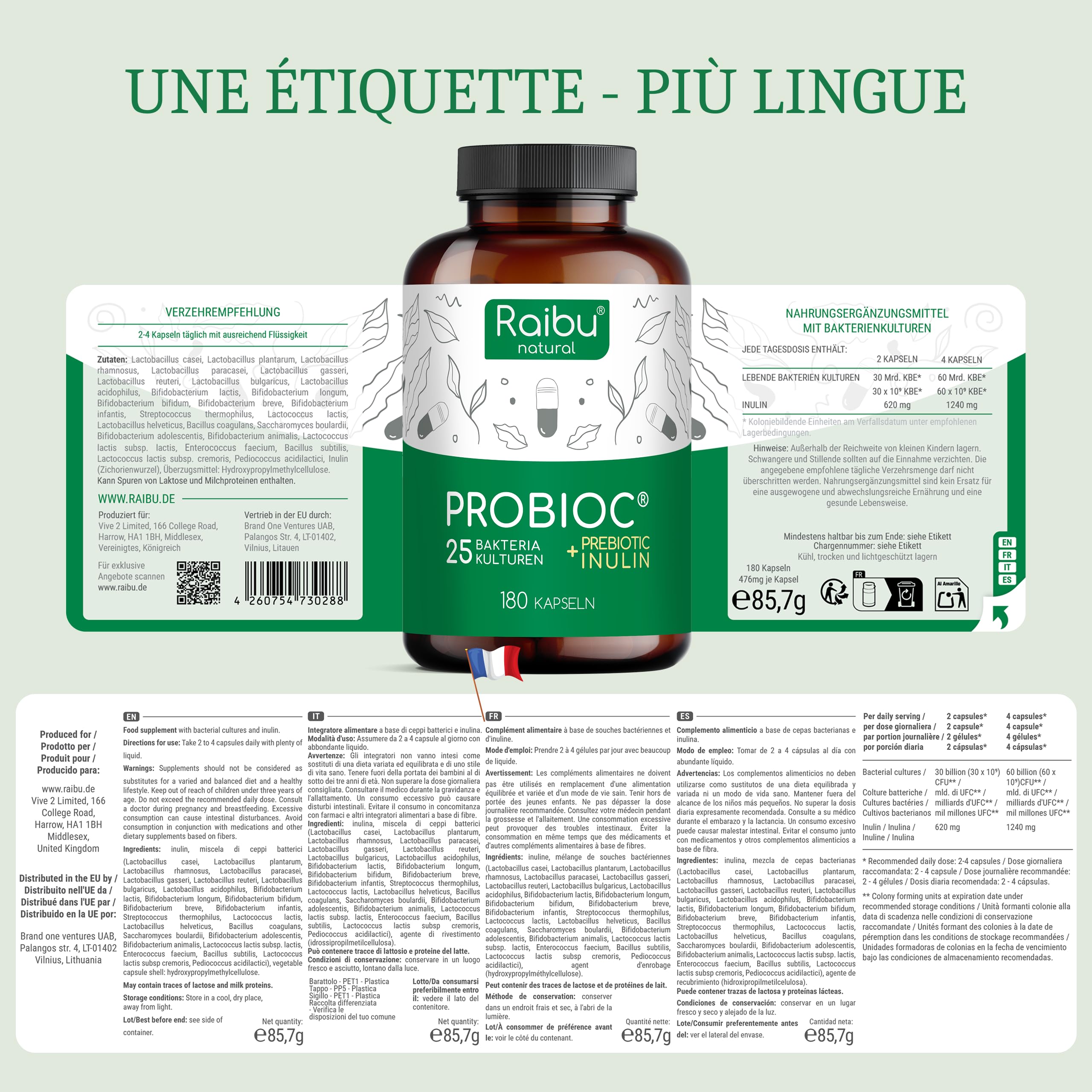 Probiotique Flore Intestinale, 180 Gélules Gastro-résistantes - 60 Milliards UFC/Jour: 25 Souches Exclusives dont Lactobacillus Gasseri + Bifidobacterium - l’Équilibre de la Flore Intestinale