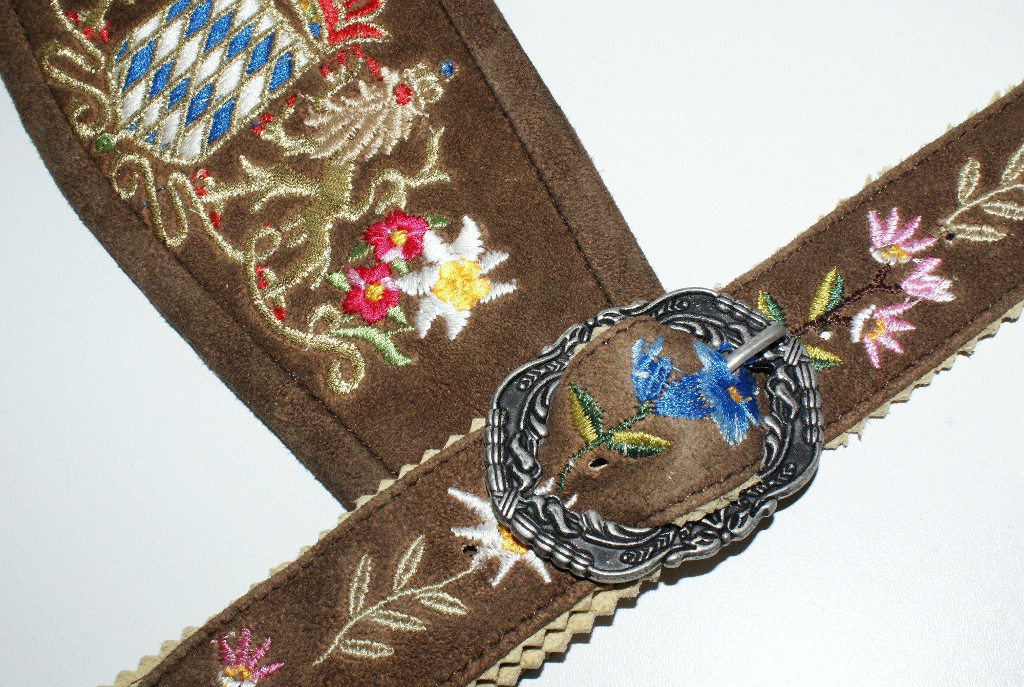 Trachten Mayr Hosenträger Bayernträger Lederhose Werdenfelser-Träger bestickt echt Leder Bayern-Wappen Edelweiß erstklassiges Wildbockleder braun dunkelbraun schwarz Lederhosenträger