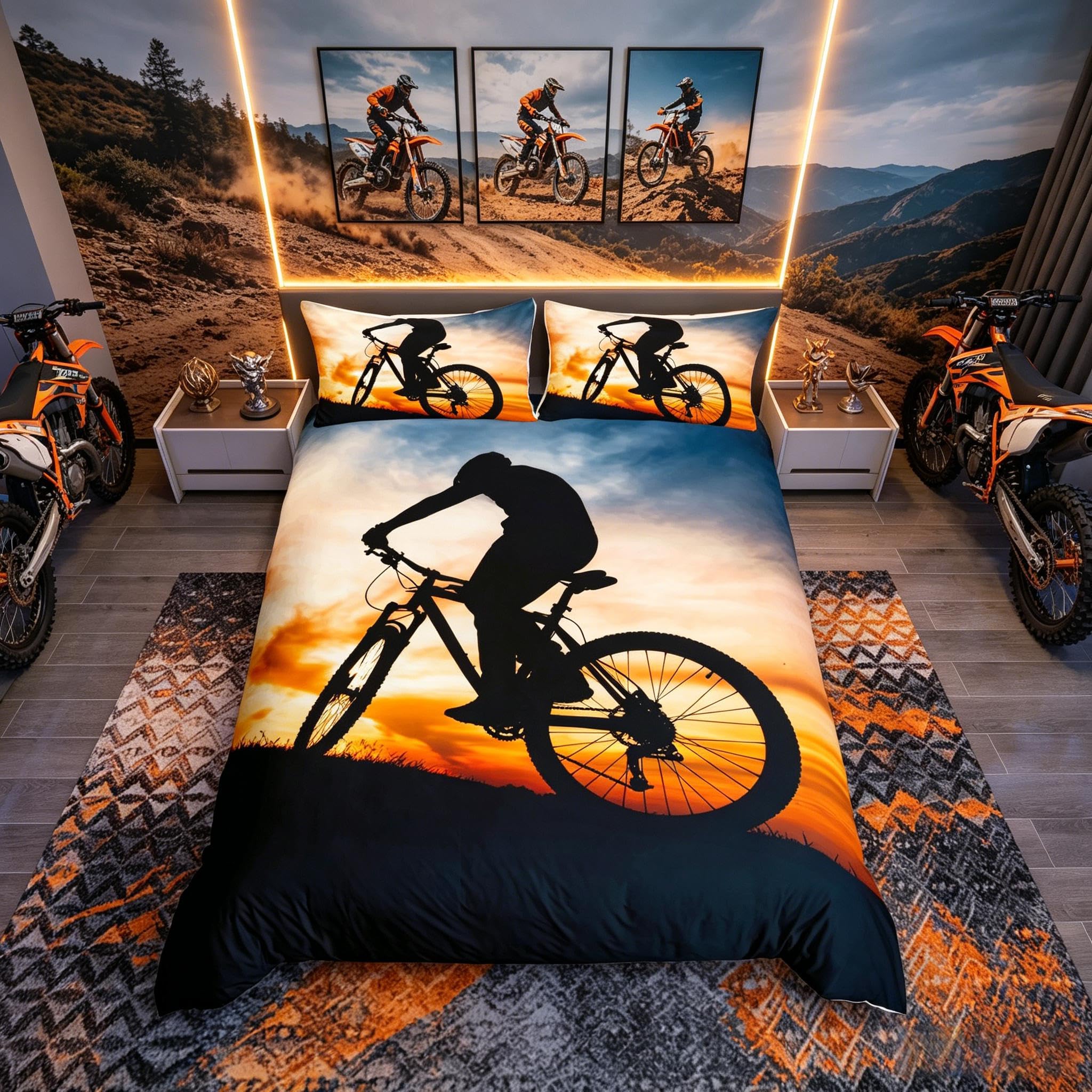 Loussiesd Mountain Bike Duvet Cover Extreme Sport Theme Bedding Set for Kids Boys Girls Cool 3D Dirt Bike Decor Comforter Cover Bicycle Rider Bedspread Cover Bedroom Collection 2Pcs Junior/Cot Bed — image 1