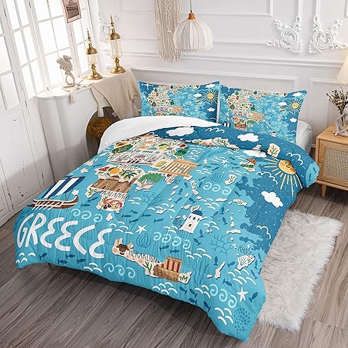Miniatura 3 de Datura home Juego de edredón de mapa del mundo para niños y niñas, bonito mapa de Grecia con estampado de Acrópolis Sunny Beach, juego de ropa de