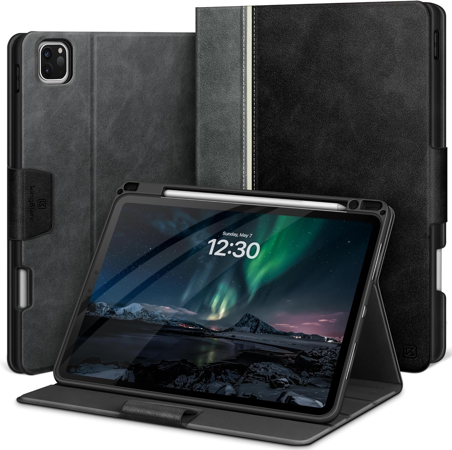 KingBlanc Case for iPad Pro 11 inch (M5 2025/M4 2024) with Pencil Holder, Vegan Leather Smart Stand Cover, Auto Sleep Wake, Support Pencil Pro/(USB-C), Viewing/Typing Angle, Durable Protection, Black