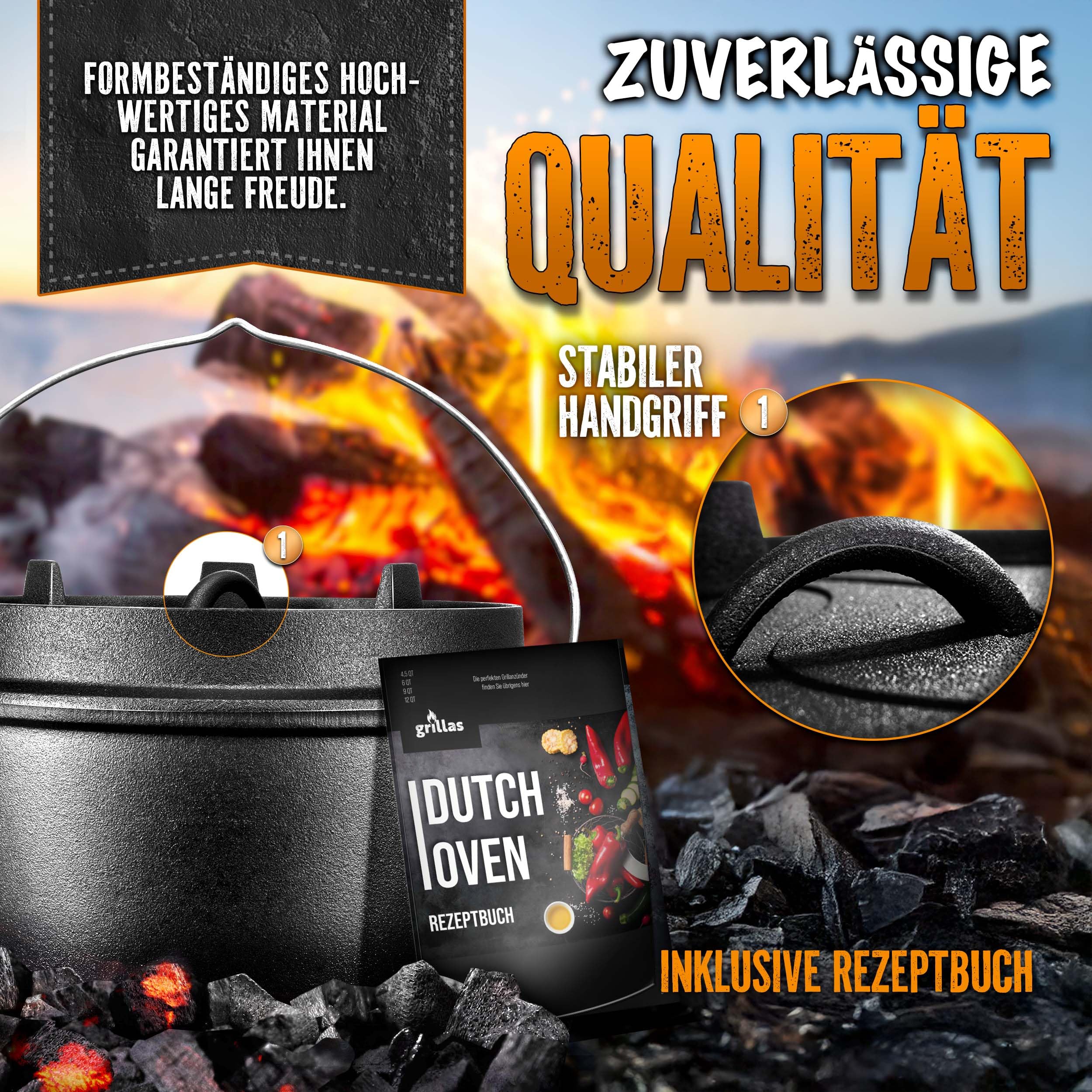 grillas Dutch Oven Set incl. receptenboek | al ingebrand - preseasoned | gietijzeren pan I braadpan met deksellifter en handvat (pot met voeten, 4,2 liter / 4,5 QT