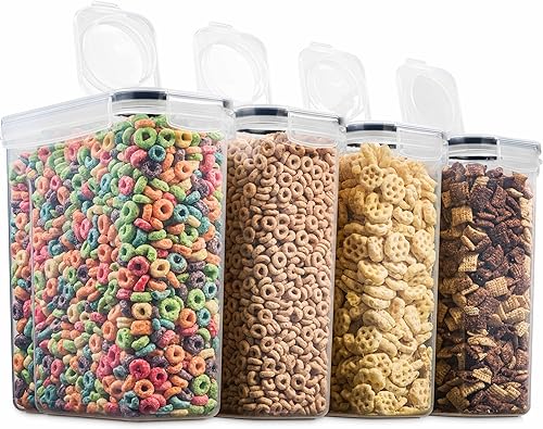 Pack de 4 envases herméticos para cereales y comida seca, sin BPA, contenedor de plástico para la cocina o despensa, para harina, azúcar, arroz,
