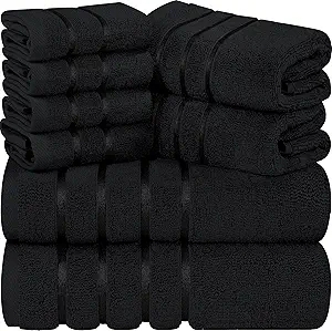 Utopia Towels 8 Piece Luxury Towel Set, 2 Bath, 2 Hand, and 4 Wash Cloths, 600 GSM Ring Spun Cotton, Highly Absorbent Viscose Stripe Towels, Ideal for Everyday use, Black