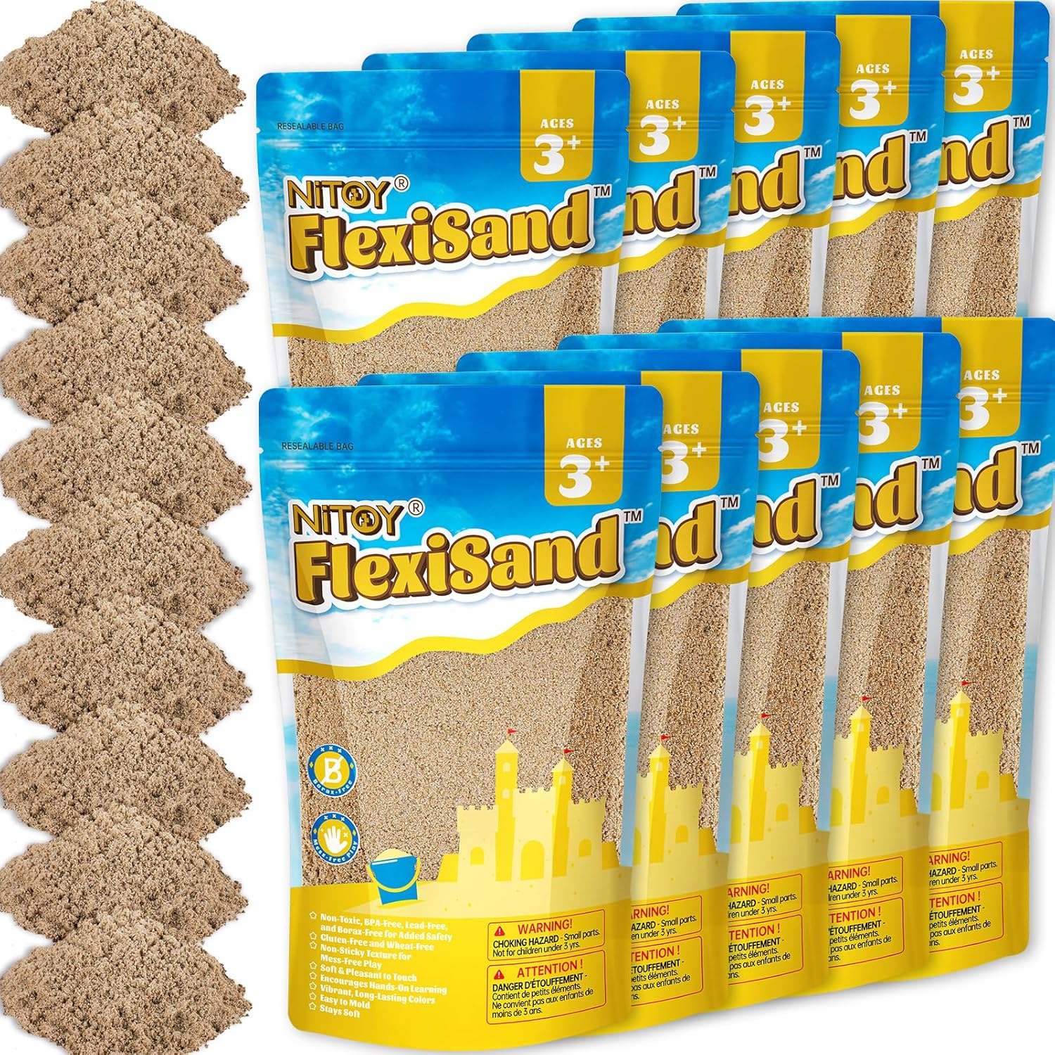 NiToy FlexiSand 11 lbs Moldable Self-Sticking Sand, Never Dries Out Fun for 3 Years and Up Kids Bulk Refill for Sensory Sand Box Toys, Ideal for Shaping, Squeezing, Scooping and Rolling (Dark Yellow)