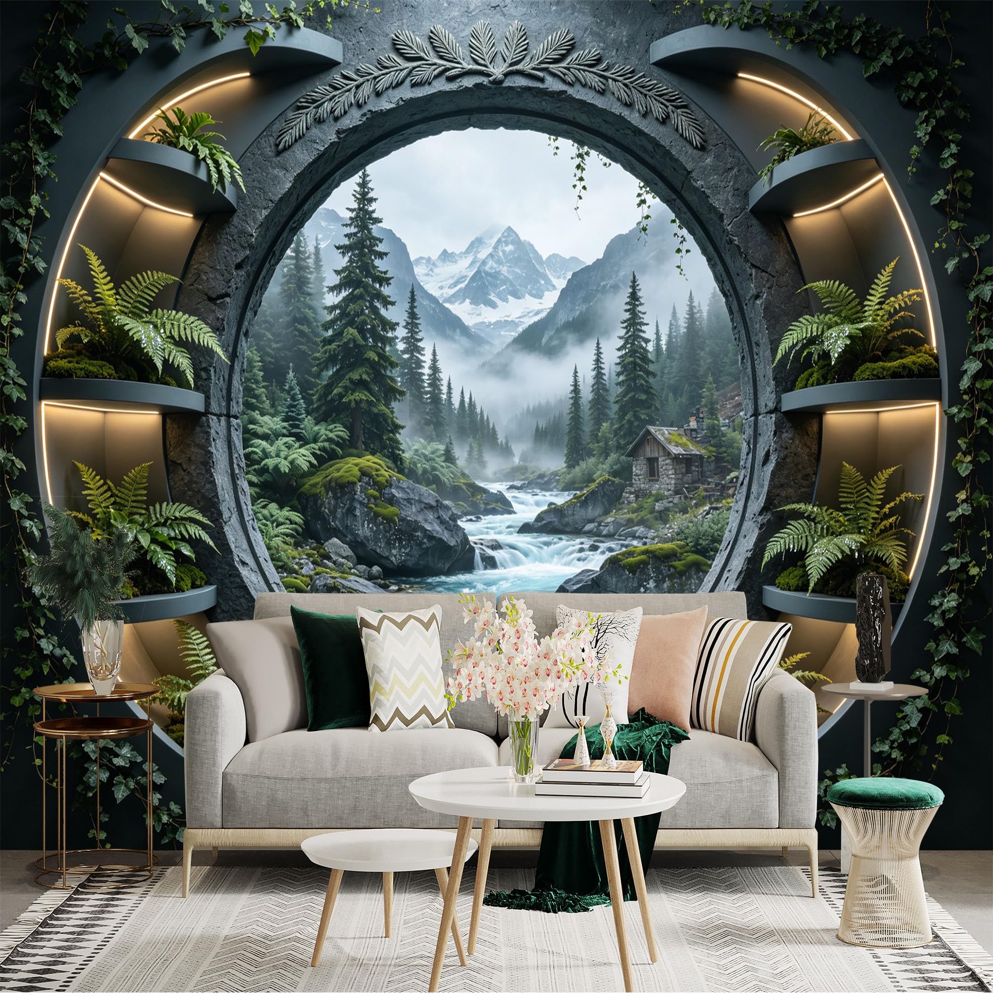 Custom Size Wall Sticker Mural， Mountain River View with Forest Cabin and Misty Peaks， for wall Decoration， peelandstick wall Decals.